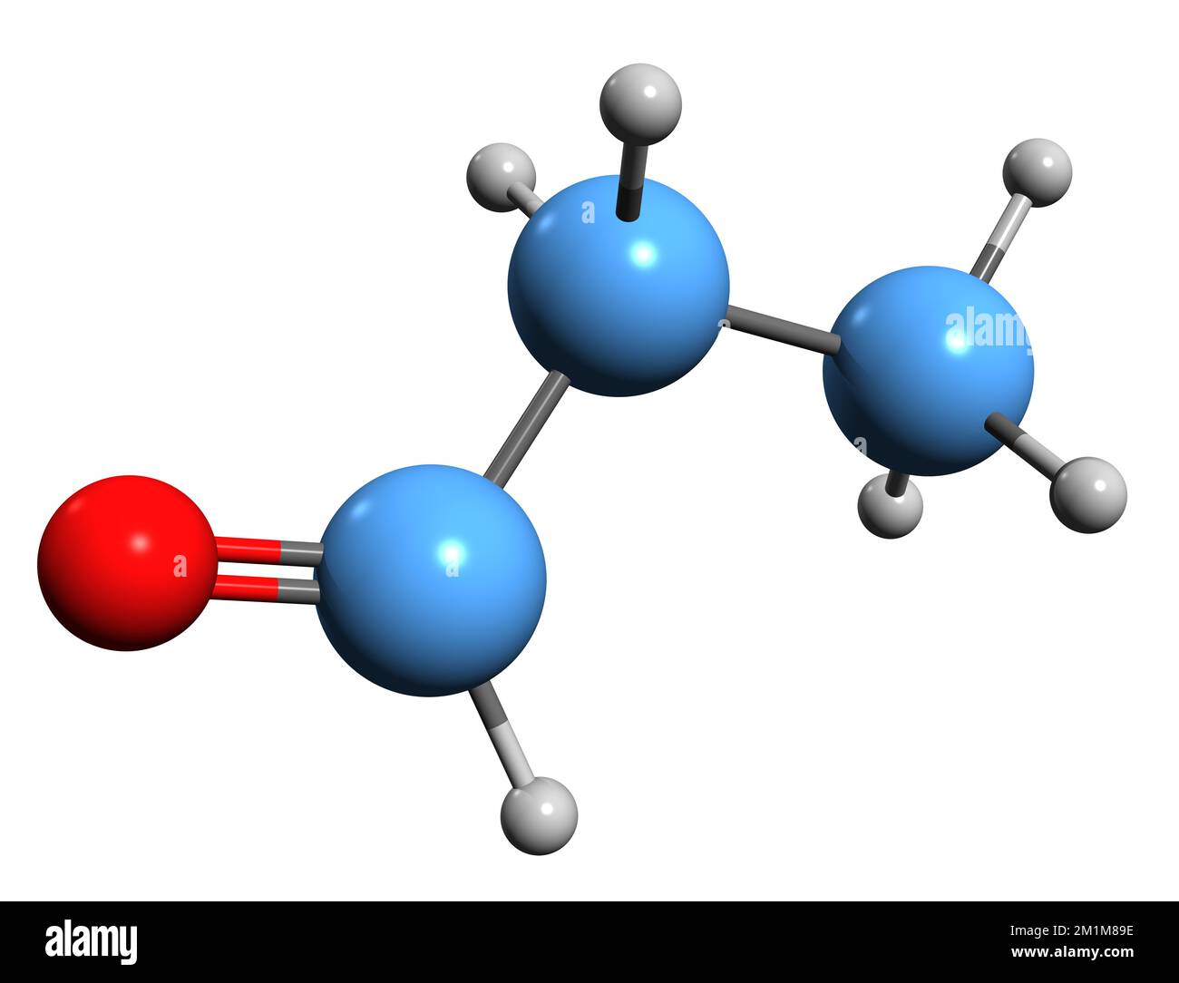 3D-Bild der Propionaldehyd-Skelettformel - molekularchemische Struktur von 3-Kohlenstoffaldehyd, isoliert auf weißem Hintergrund Stockfoto