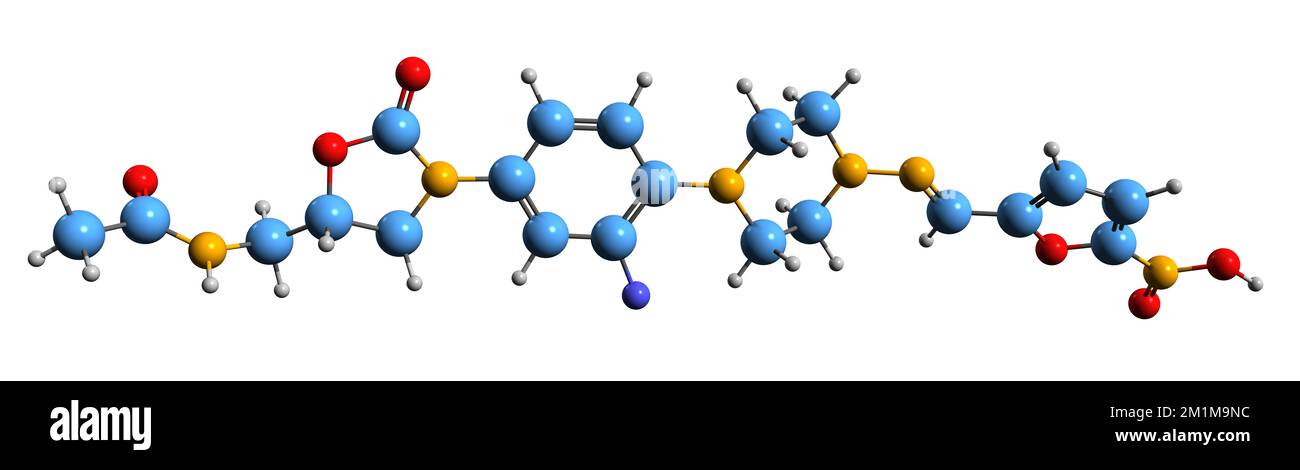 3D-Bild der Ranbezolid-Skelettformel - molekularchemische Struktur von Oxazolidinon-Antibakteriellen, isoliert auf weißem Hintergrund Stockfoto