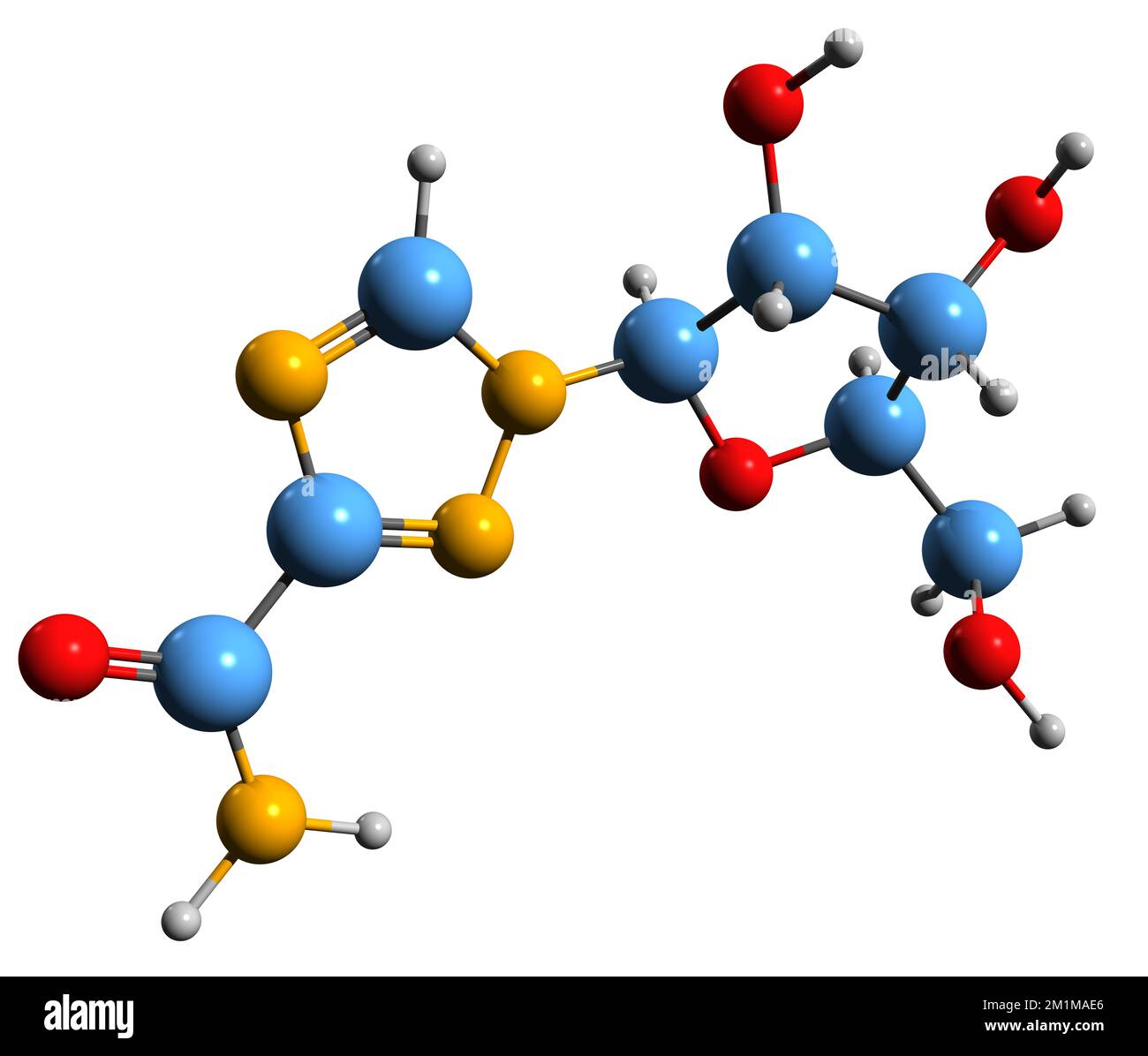 3D Bild der Ribavirin-Skelettformel - molekularchemische Struktur antiviraler Medikamente isoliert auf weißem Hintergrund Stockfoto