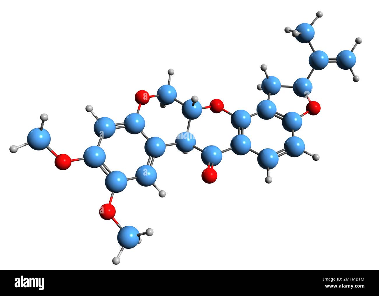 3D-Bild der Rotenon-Skelettformel - molekulare chemische Struktur von Breitspektrum-Insektizid, Piszid und Pestizid isoliert auf weißem Backgr Stockfoto