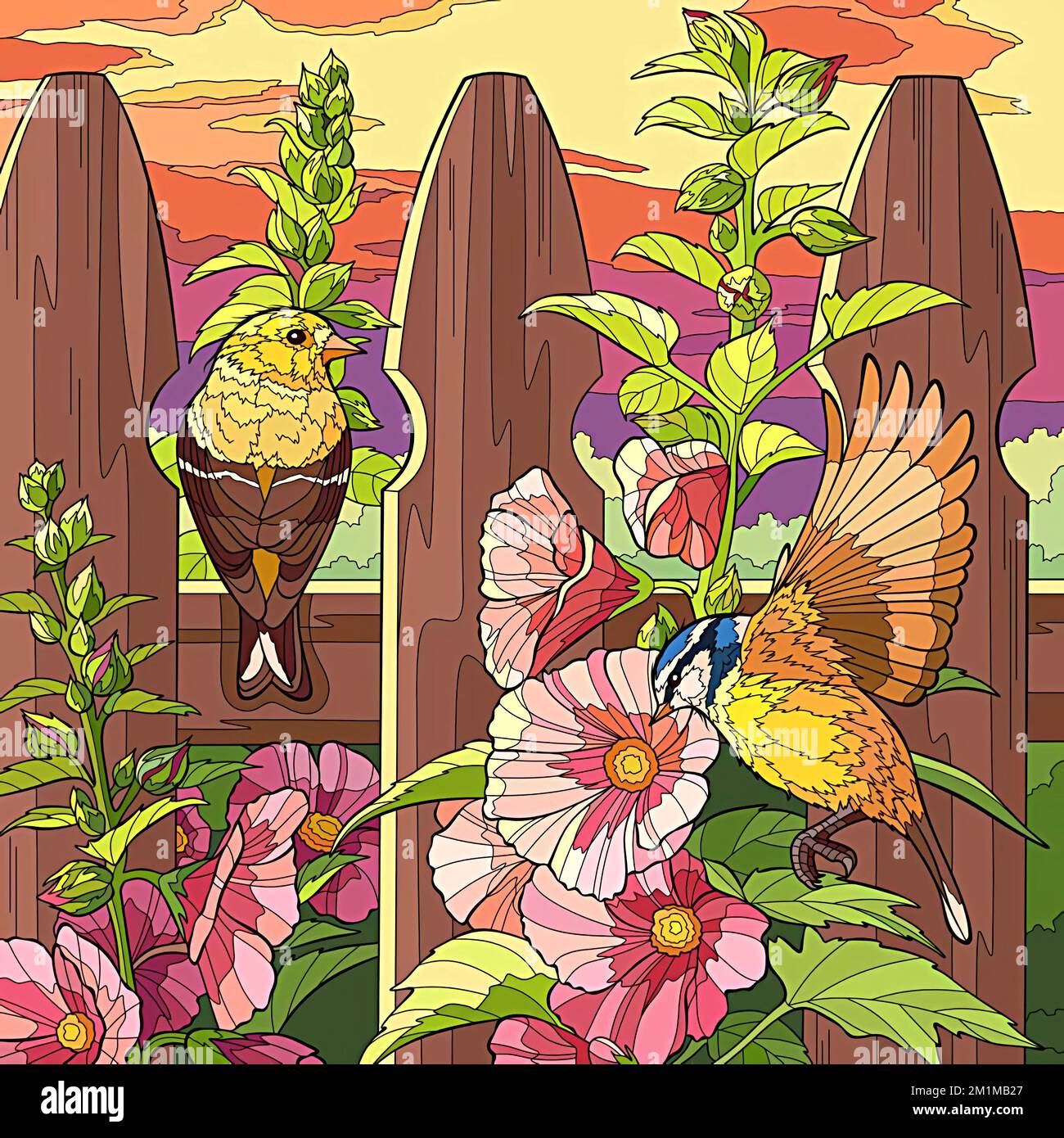 Abbildung von zwei Vögeln und Blumen auf einem Holzzaun Stockfoto