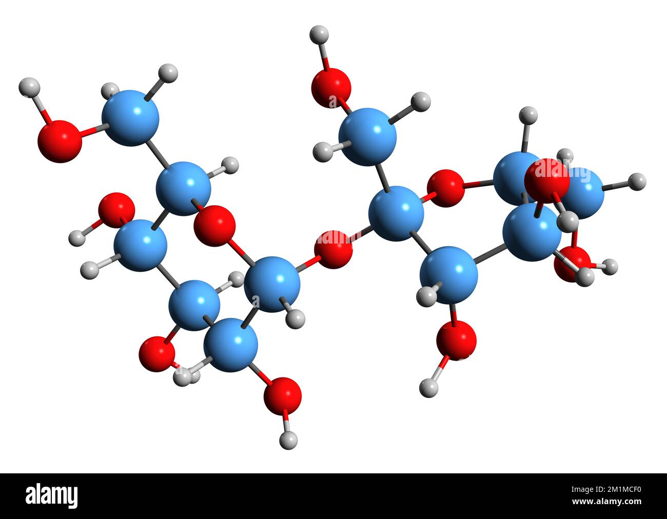 3D-Bild der Sucrose-Skelettformel - molekularchemische Struktur des Disaccharids Saccharose isoliert auf weißem Hintergrund Stockfoto