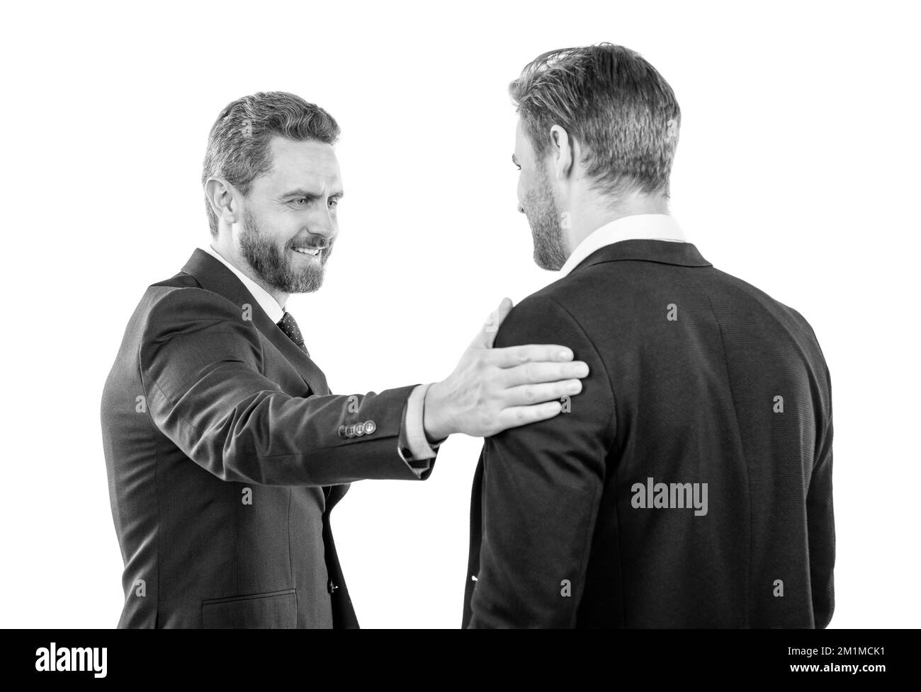 Hallo. Chef und Mitarbeiter. Partner nach Geschäftsabschluss. Zusammenarbeit und Partnerschaft. Stockfoto