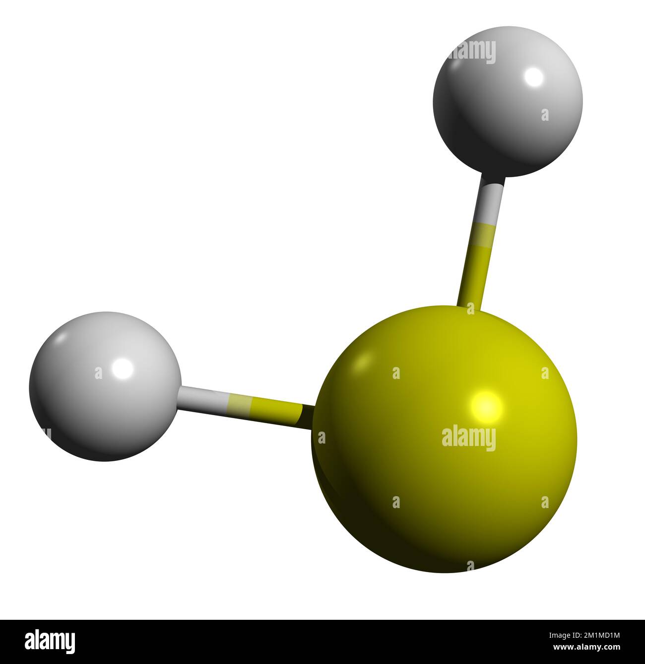 3D-Bild der Schwefelwasserstoff-Skelettformel - molekularchemische Struktur des auf weißem Hintergrund isolierten Eergases Stockfoto