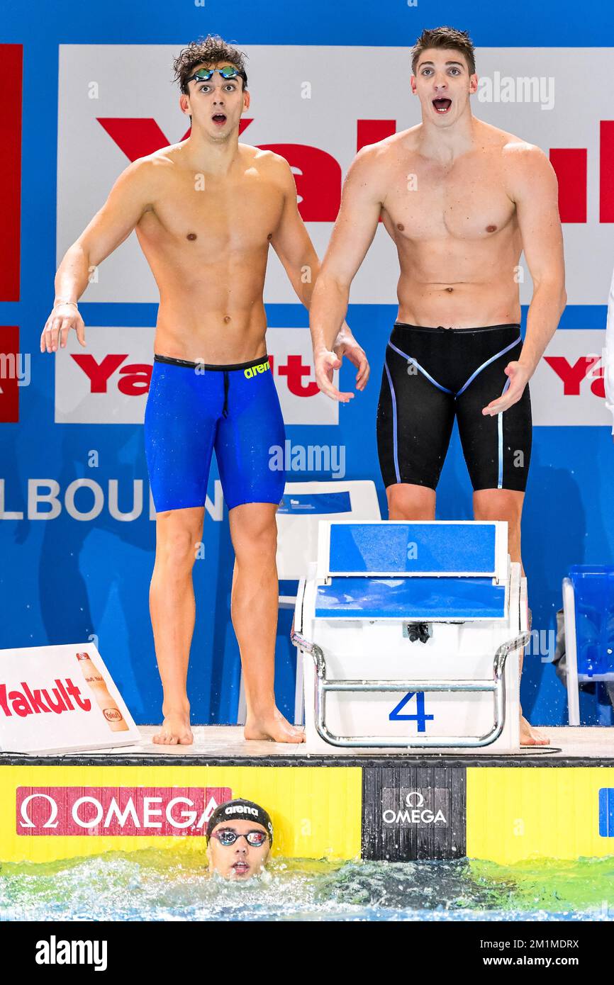 Melbourne, Australien. 13.. Dezember 2022. Paolo Conte Bonin (Italien), Leonardo Deplano (Italien), Alessandro Miressi (Italien), Thomas Ceccon aus Italien feiert nach dem Gewinn der Goldmedaille im 4x100 m langen Freestyle Relay Men Final mit einem neuen Weltrekord während der FINA Swimming Short Course World Championships im Melbourne Sports and Aquatic Centre in Melbourne, Australien, am 13.. Dezember 2022. Foto Giorgio Scala/Deepbluemedia/Insidefoto Credit: Insidefoto di andrea staccioli/Alamy Live News Stockfoto