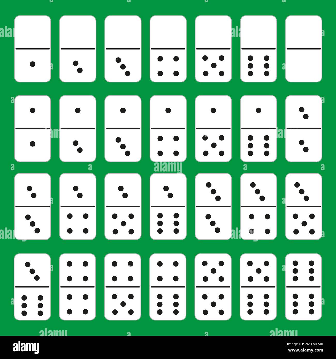 Domino. Weiße Farbe, isoliert auf grünem Hintergrund. Flacher Stil. Ein  komplettes klassisches Domino-Spiel. 28-teilige Sammlung. Vektordarstellung  Stock-Vektorgrafik - Alamy