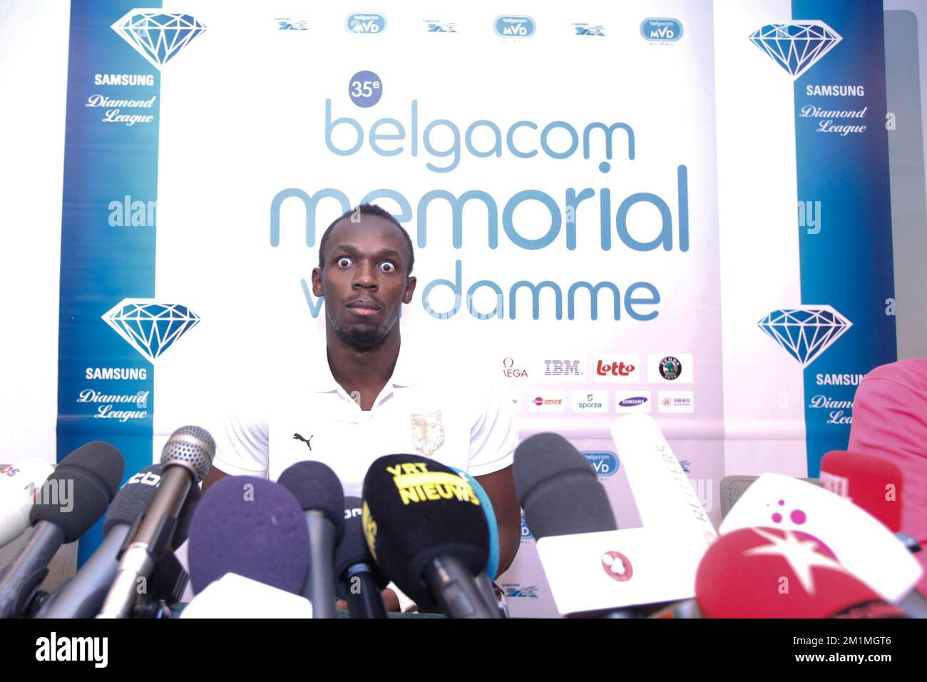 20110914 Uhr - BRÜSSEL, BELGIEN: Jamaikanischer Sprinter und Weltmeister Usain Bolt 200m, Foto auf der Pressekonferenz im Vorfeld der 35.. Ausgabe des Memorial Van Damme Athletics Event am Mittwoch, den 14. September 2011 in Brüssel. Die Sitzung findet am 16.. September 2011 statt. BELGA FOTO CHRISTOPHE LEGASSE Stockfoto