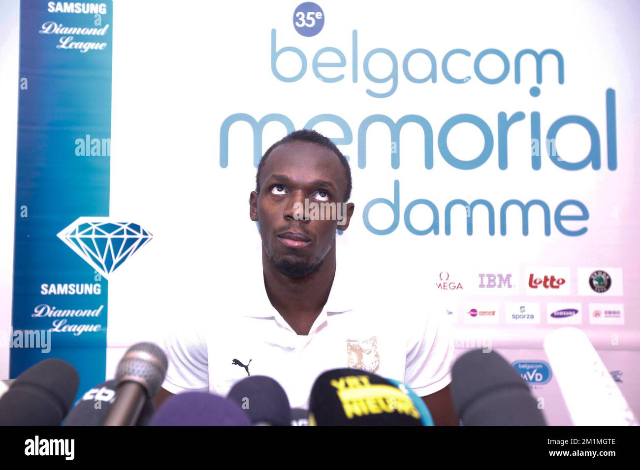 20110914 Uhr - BRÜSSEL, BELGIEN: Jamaikanischer Sprinter und Weltmeister Usain Bolt 200m, Foto auf der Pressekonferenz im Vorfeld der 35.. Ausgabe des Memorial Van Damme Athletics Event am Mittwoch, den 14. September 2011 in Brüssel. Die Sitzung findet am 16.. September 2011 statt. BELGA FOTO CHRISTOPHE LEGASSE Stockfoto
