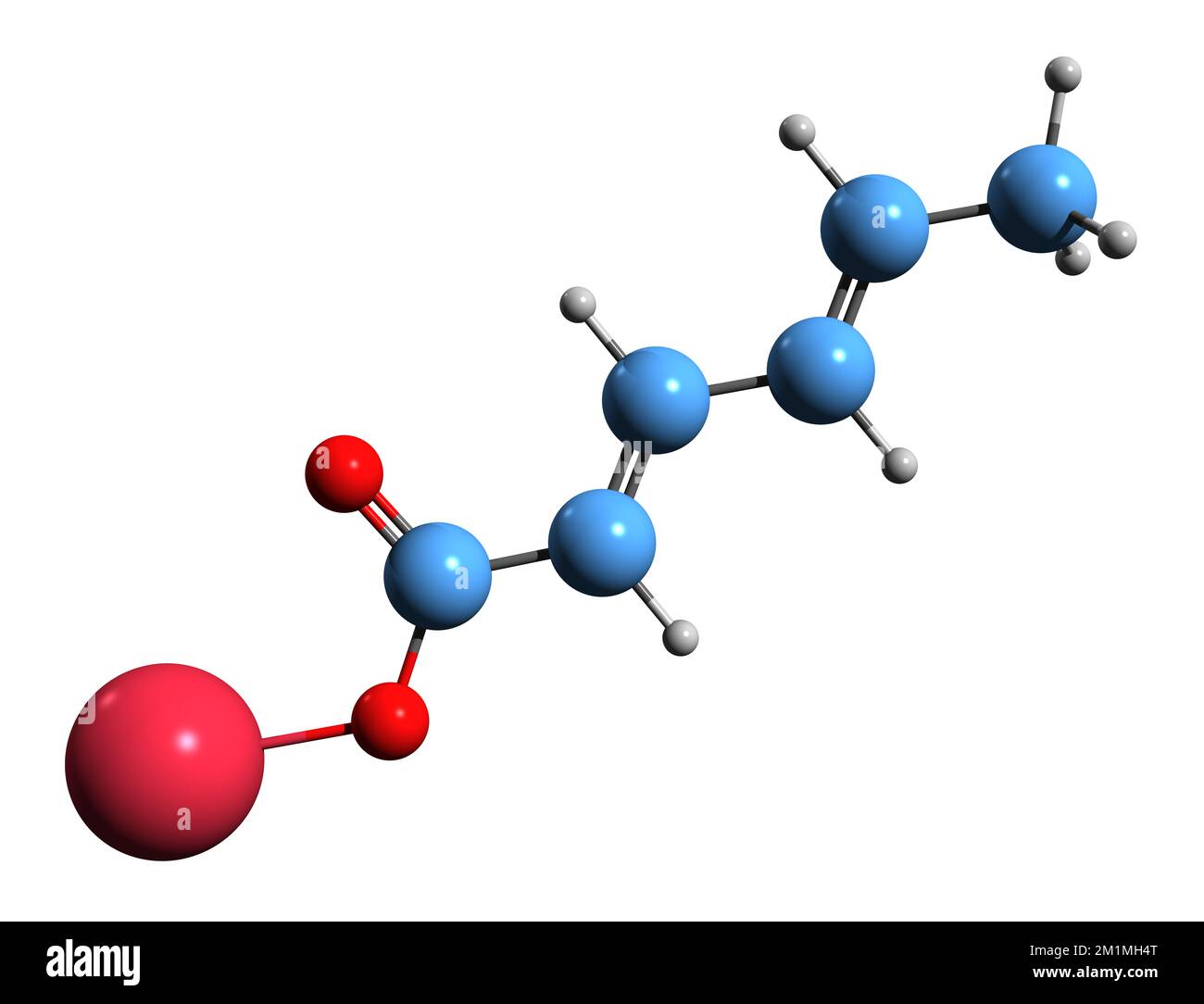 3D-Bild der Natriumsorbat-Skelettformel - molekularchemische Struktur des auf weißem Hintergrund isolierten Natriumsalzes der Sorbinsäure Stockfoto