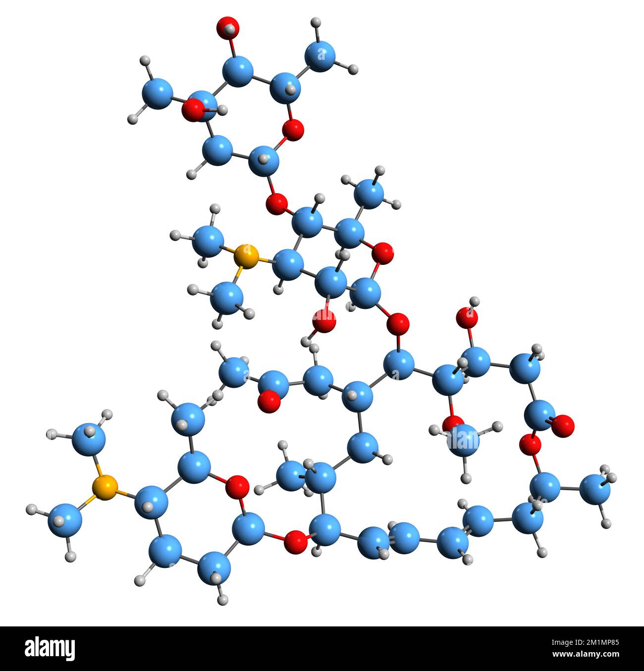 3D-Bild der Spiramycin-Skelettformel - molekularchemische Struktur eines auf weißem Hintergrund isolierten Makrolid-Antibiotikums Stockfoto