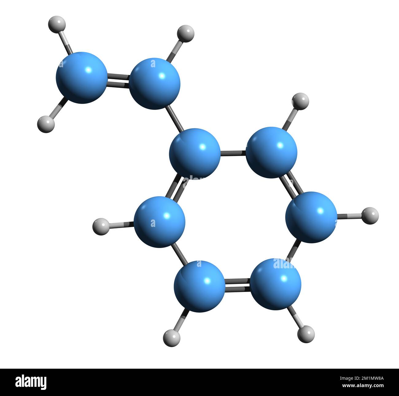 3D-Bild der Styrol-Skelettformel - molekularchemische Struktur von Cinnamene isoliert auf weißem Hintergrund Stockfoto