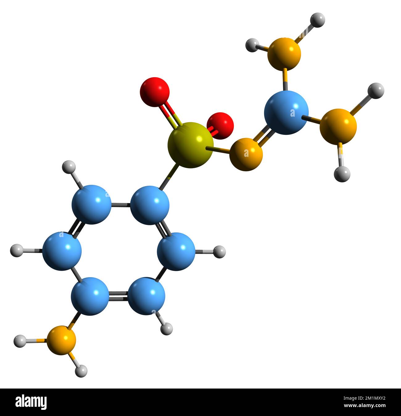 3D-Bild einer Sulfaguanidin-Skelettformel - molekularchemische Struktur von Sulfonamid isoliert auf weißem Hintergrund Stockfoto