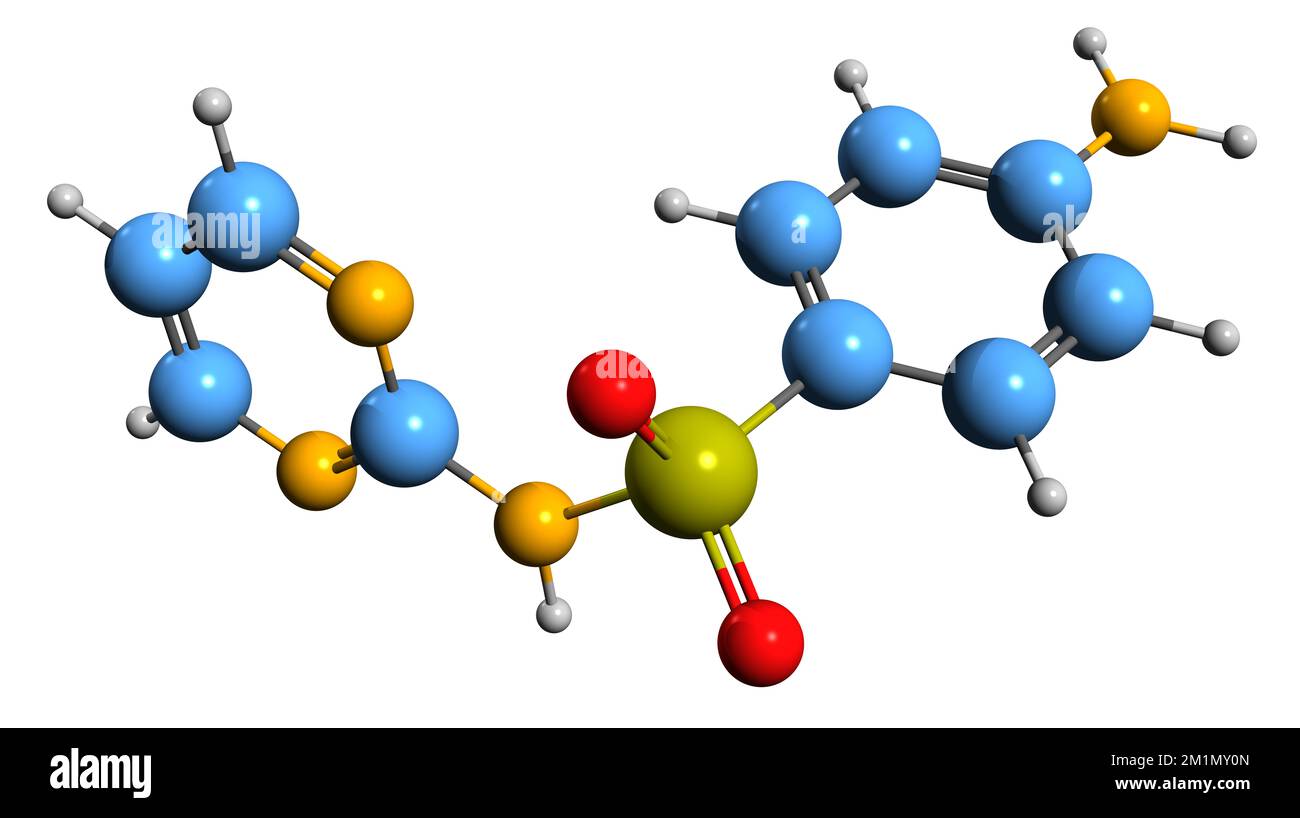 3D-Bild einer Sulfadiazin-Skelettformel - molekularchemische Struktur des auf weißem Hintergrund isolierten Sulfonamids Stockfoto