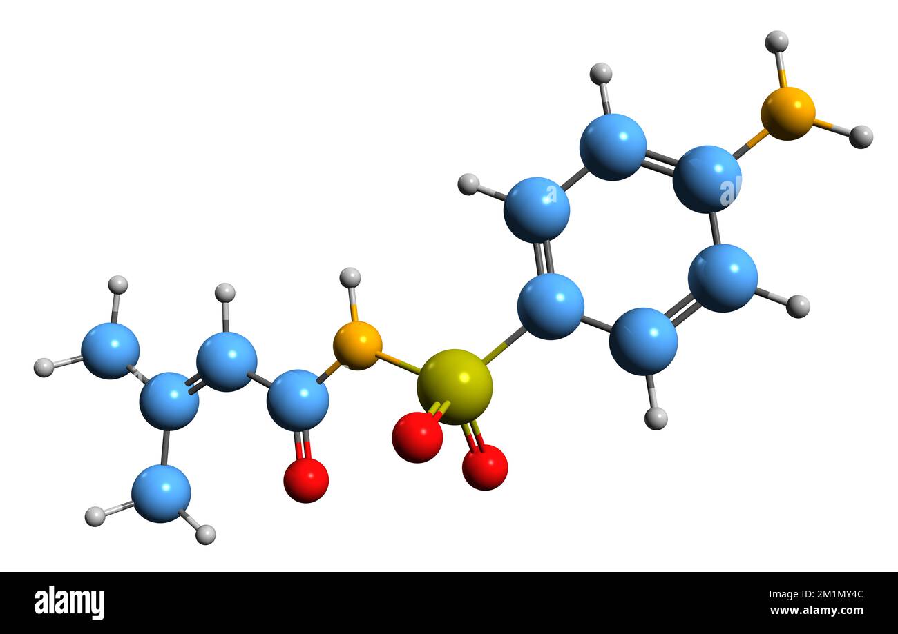 3D-Bild der Sulfadicramid-Skelettformel - molekularchemische Struktur des auf weißem Hintergrund isolierten Sulfonamids Stockfoto