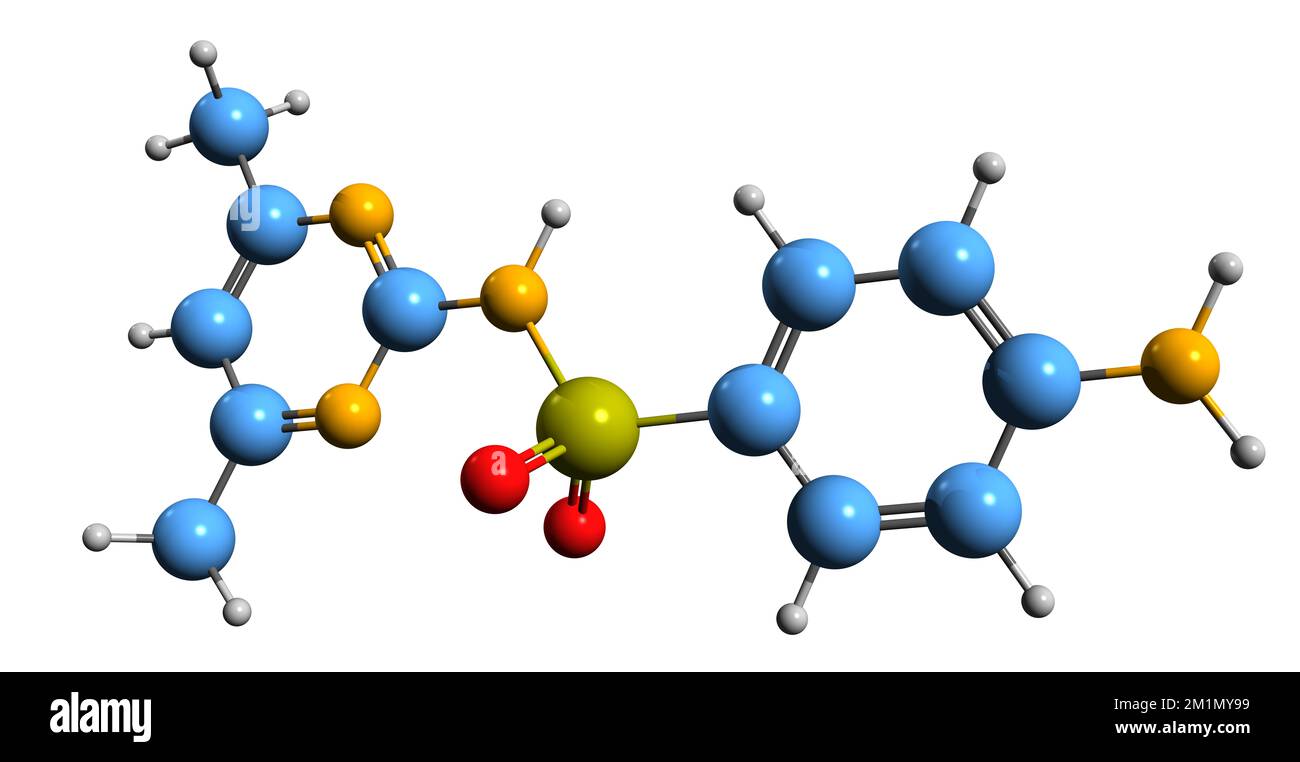 3D-Bild der Sulfadimidin-Skelettformel - molekularchemische Struktur des auf weißem Hintergrund isolierten Sulfonamids Stockfoto