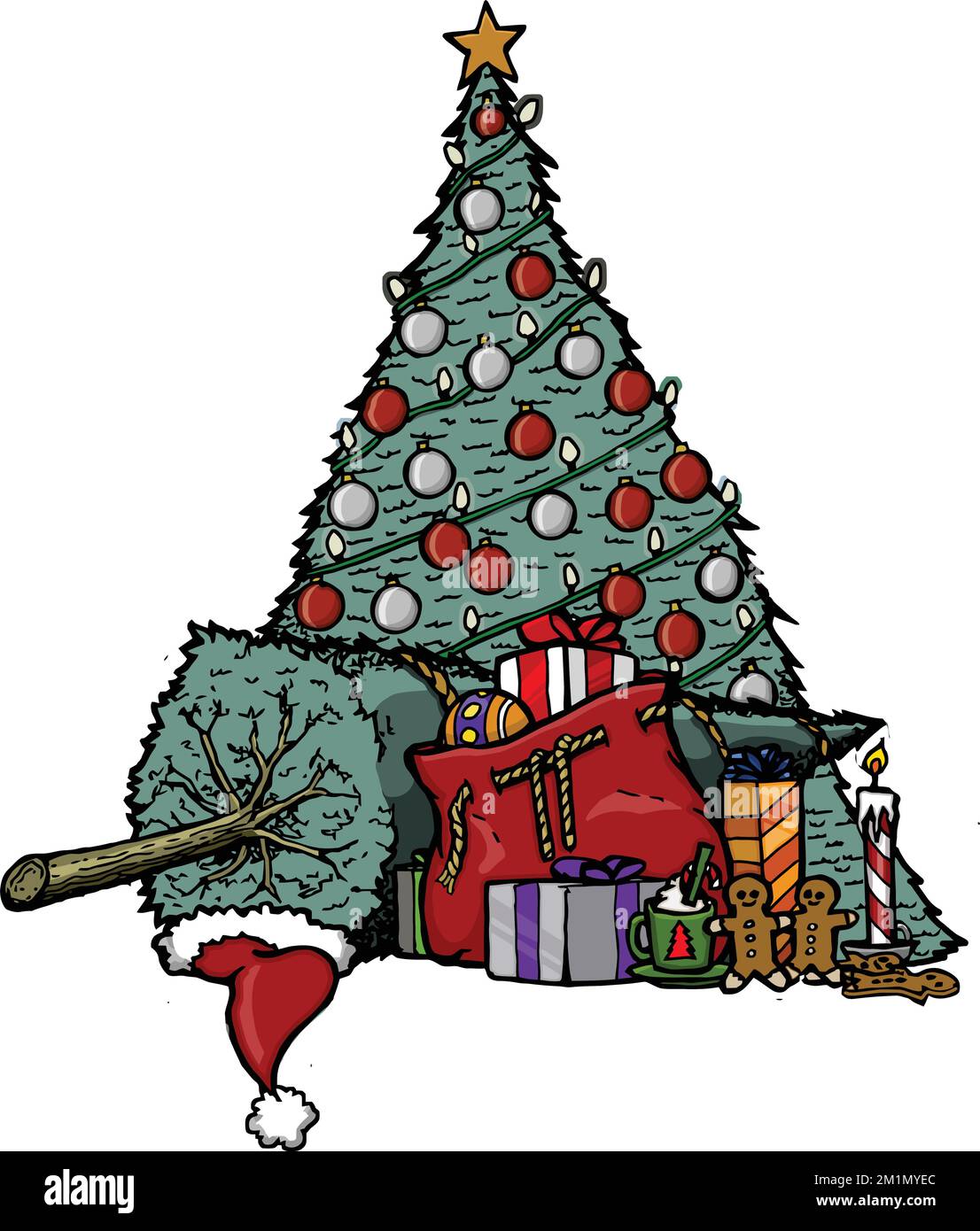 weihnachtsbäume mit Geschenken und weihnachtsmannmütze Stock Vektor