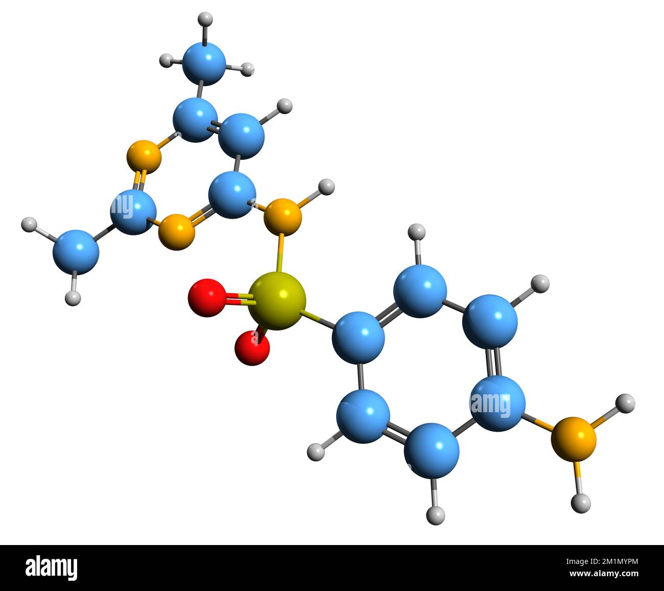 3D-Bild der Sulfadimidin-Skelettformel - molekularchemische Struktur des auf weißem Hintergrund isolierten Sulfonamids Stockfoto