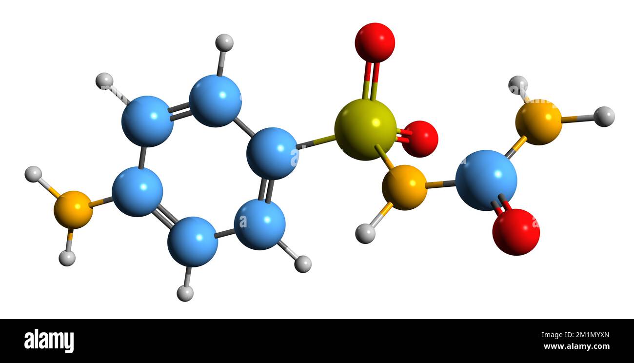 3D-Bild der Sulfacarbamid-Skelettformel - molekularchemische Struktur des auf weißem Hintergrund isolierten Sulfonamids Stockfoto
