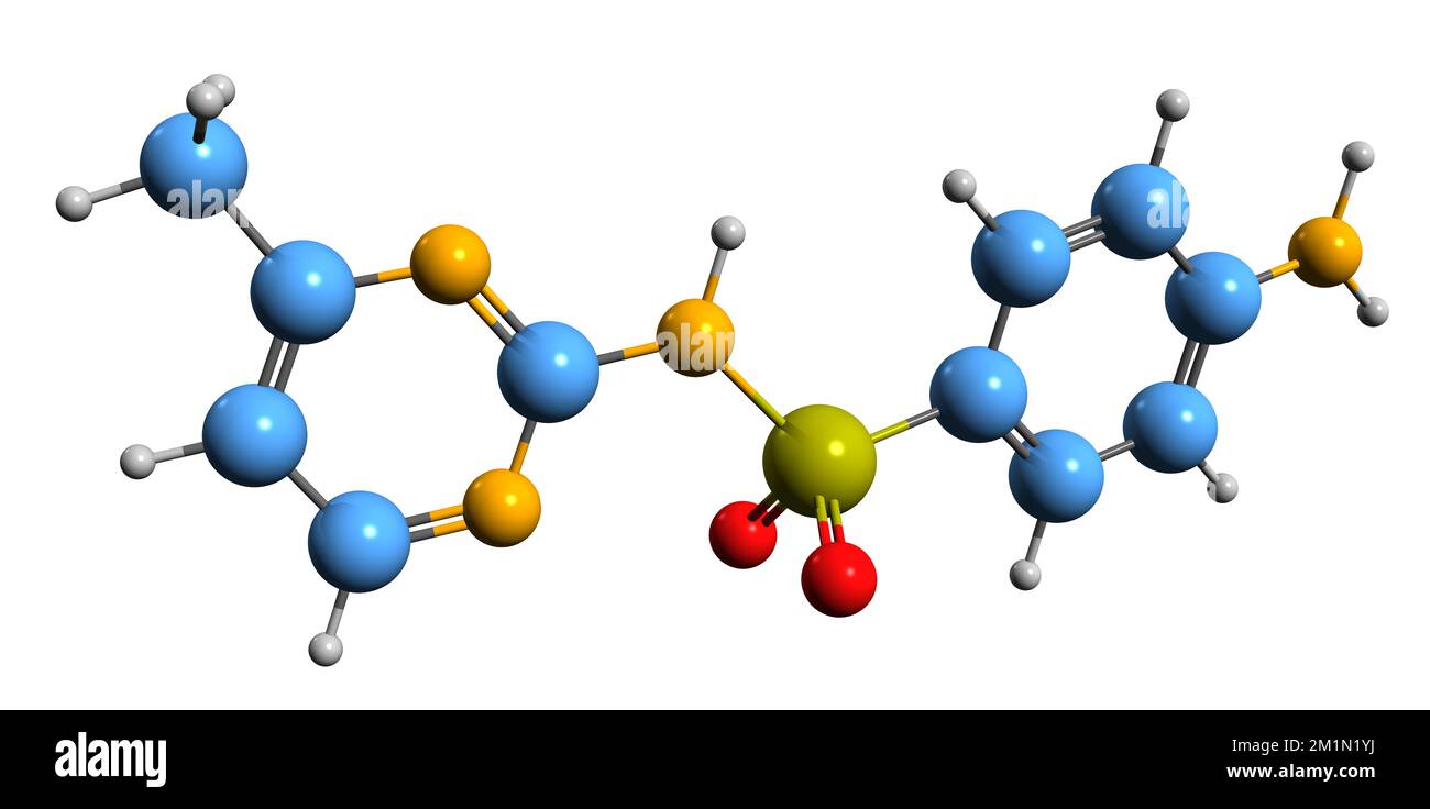 3D-Bild einer Sulfamerazin-Skelettformel - molekularchemische Struktur des auf weißem Hintergrund isolierten Sulfonamids Stockfoto
