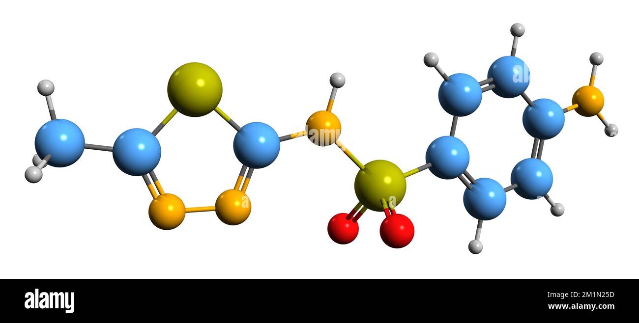 3D-Bild der Sulfamethizol-Skelettformel - molekularchemische Struktur des auf weißem Hintergrund isolierten Sulfonamids Stockfoto