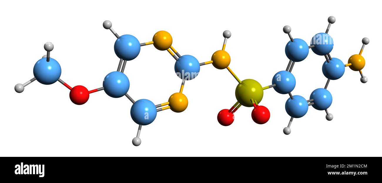 3D-Bild der Sulfametoxydiazin-Skelettformel - molekularchemische Struktur des auf weißem Hintergrund isolierten Sulfonamids Stockfoto