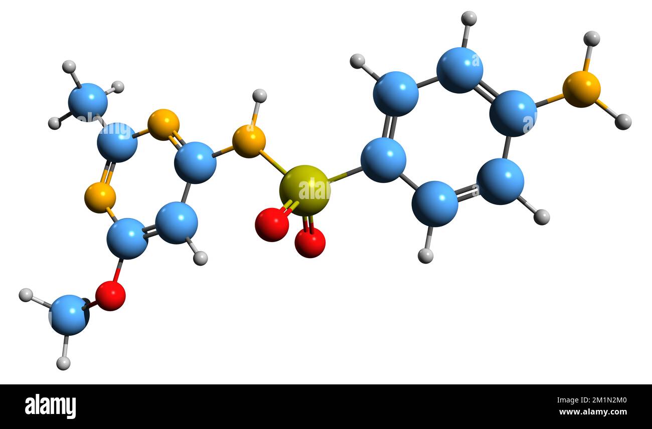 3D-Bild einer Sulfametomidin-Skelettformel - molekularchemische Struktur von Sulfonamid isoliert auf weißem Hintergrund Stockfoto