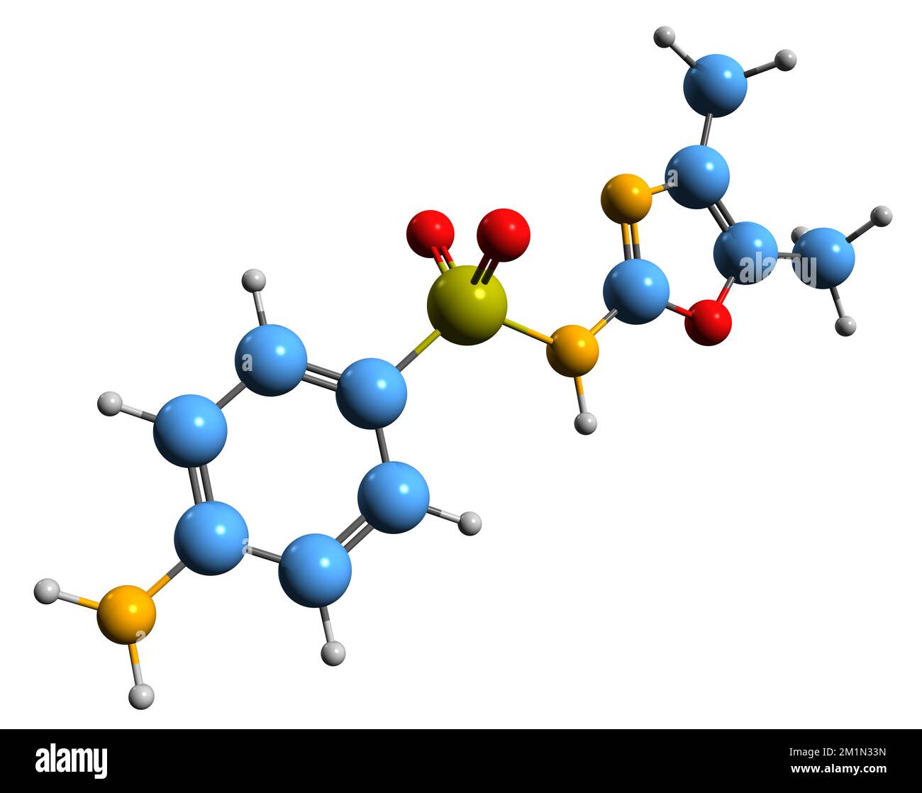 3D-Bild der Sulfamoxol-Skelettformel - molekularchemische Struktur von Sulfonamid isoliert auf weißem Hintergrund Stockfoto