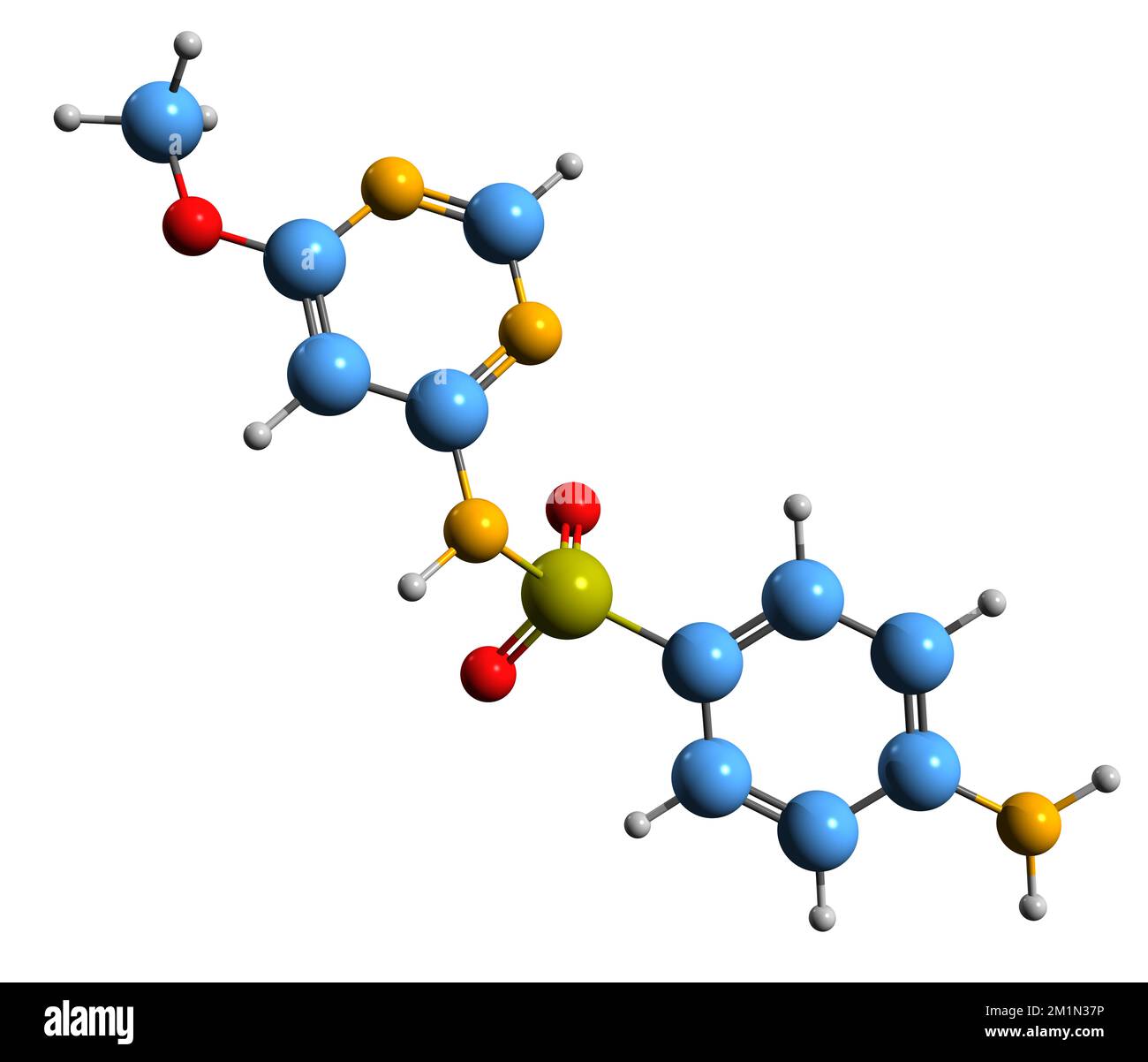 3D-Bild der Sulfamonomethoxin-Skelettformel - molekularchemische Struktur des auf weißem Hintergrund isolierten Sulfonamids Stockfoto