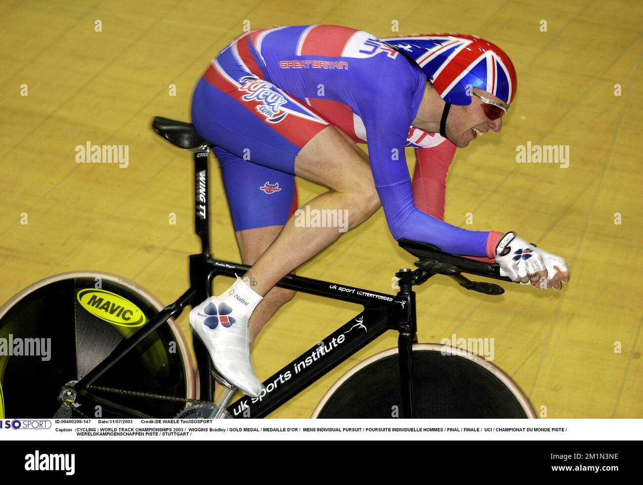 RADFAHREN : WELTMEISTERSCHAFTEN 2003 / WIGGINS BRADLEY / GOLDMEDAILLE / MEDAILLE D'OR / MÄNNER INDIVIDUAL PURSUIT / POURSUITE INDIVIDUAL HOMMES / FINAL / FINALE / UCI / CHAMPIONAT DU MONDE PISTE / WERELDKAMPIOENSCHAPPEN PISTE / STUTTGART / Stockfoto