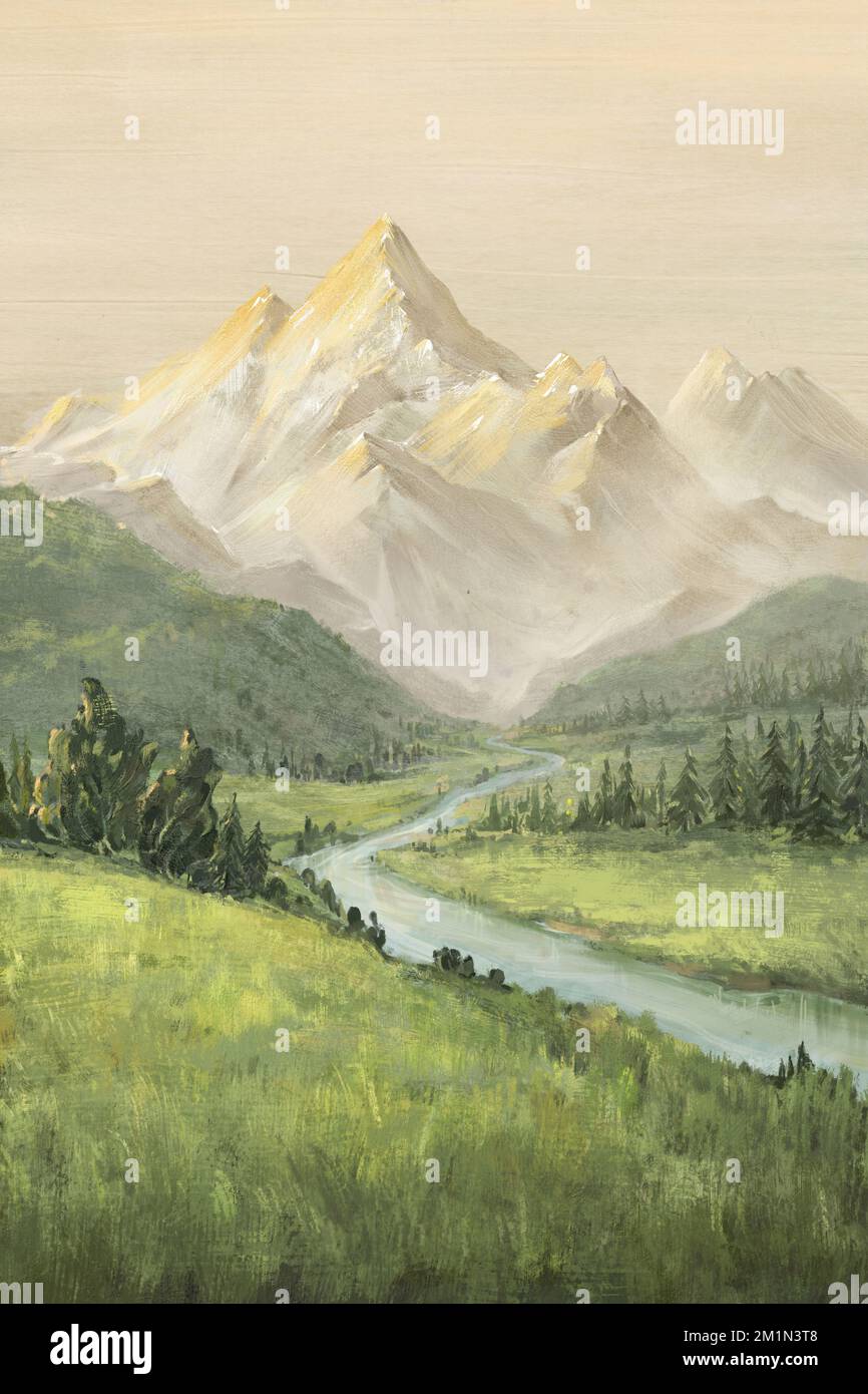 Landschaftskunst große Ölmalerei Drucken|Wandbild, druckbar, Digital Download, HomeDecor, minimalistische Bäche zeichnen, Waldgemälde drucken Kunst Stockfoto