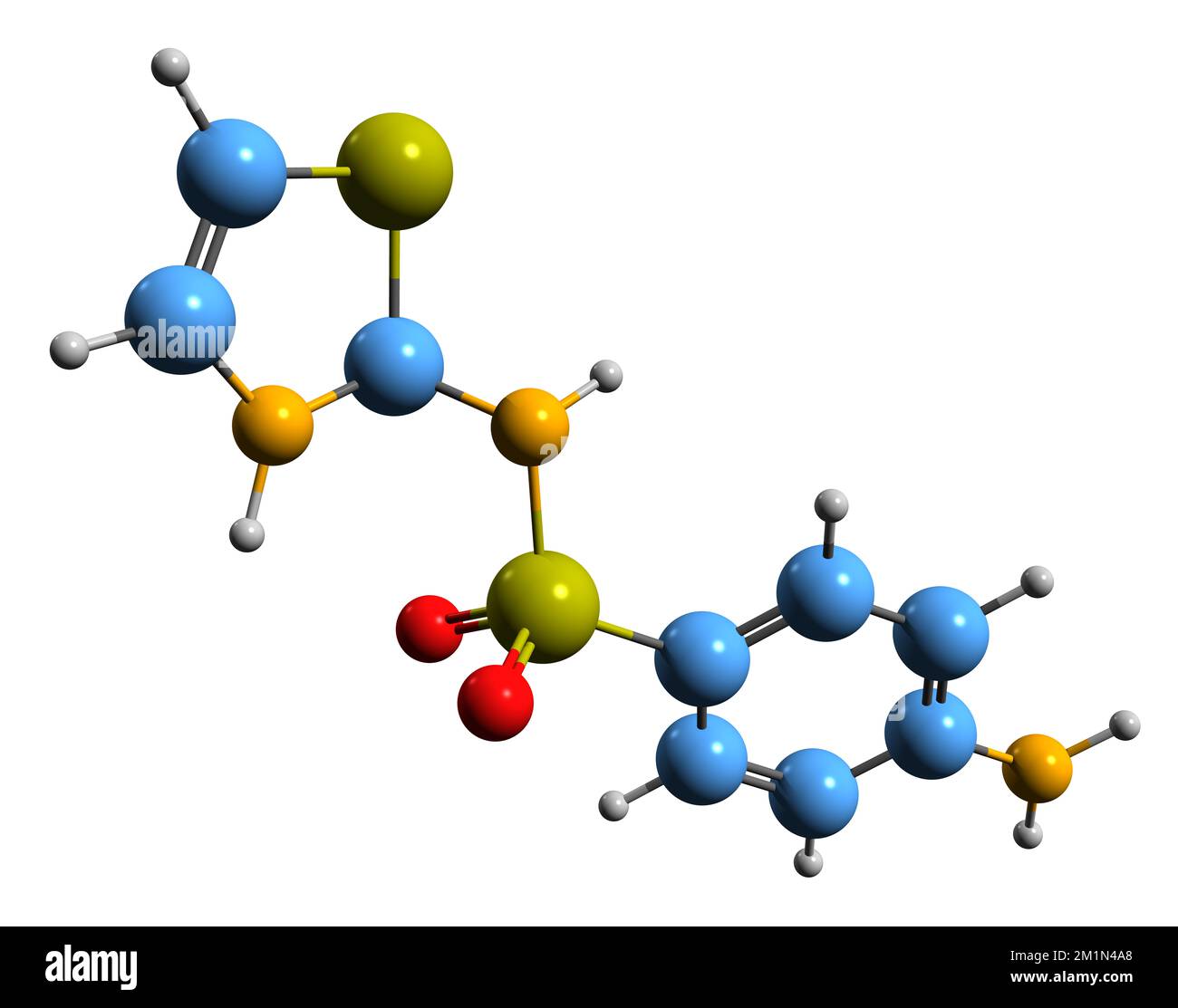 3D-Bild der Sulfathiazol-Skelettformel - molekularchemische Struktur des auf weißem Hintergrund isolierten Sulfonamids Stockfoto