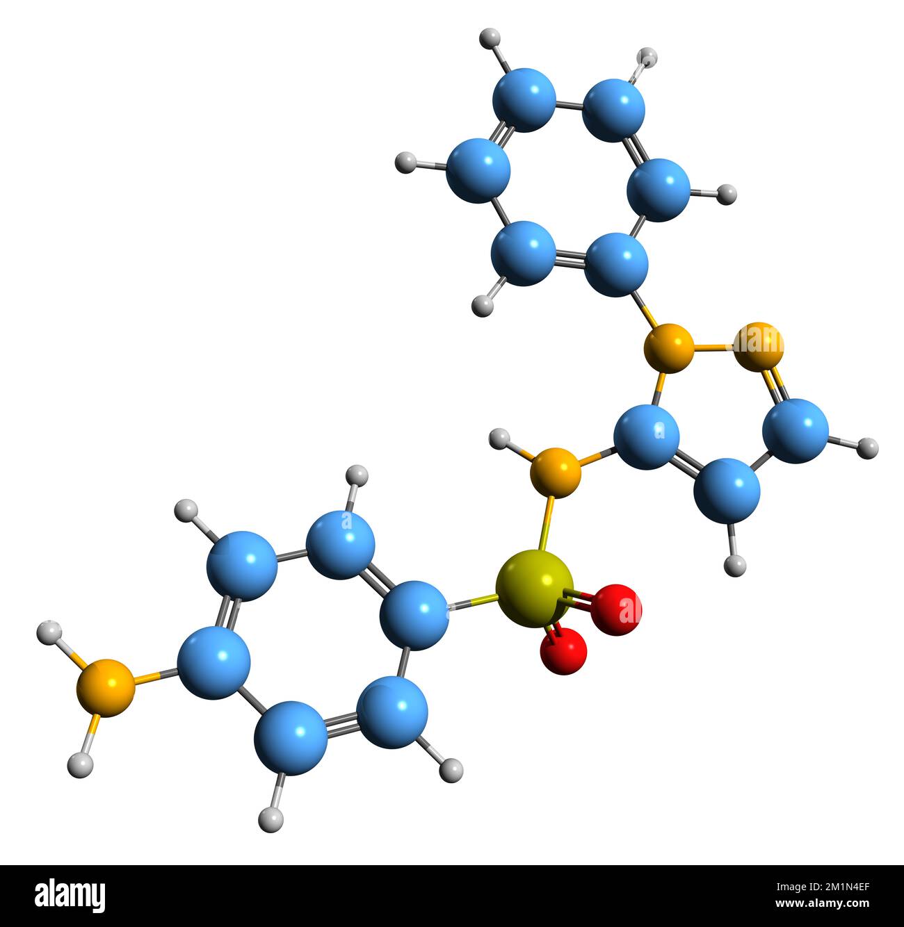 3D-Bild der Sulfaphenazol-Skelettformel - molekularchemische Struktur des auf weißem Hintergrund isolierten Sulfonamids Stockfoto