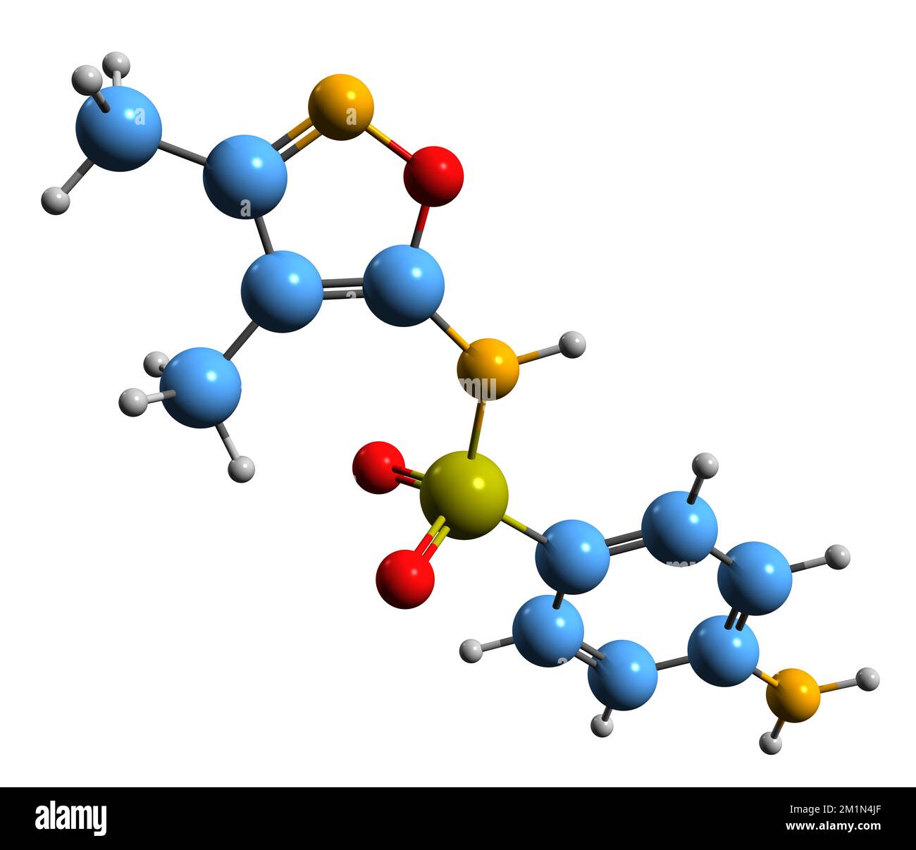 3D-Bild der Sulfafurazol-Skelettformel - molekularchemische Struktur des auf weißem Hintergrund isolierten Sulfonamids Stockfoto