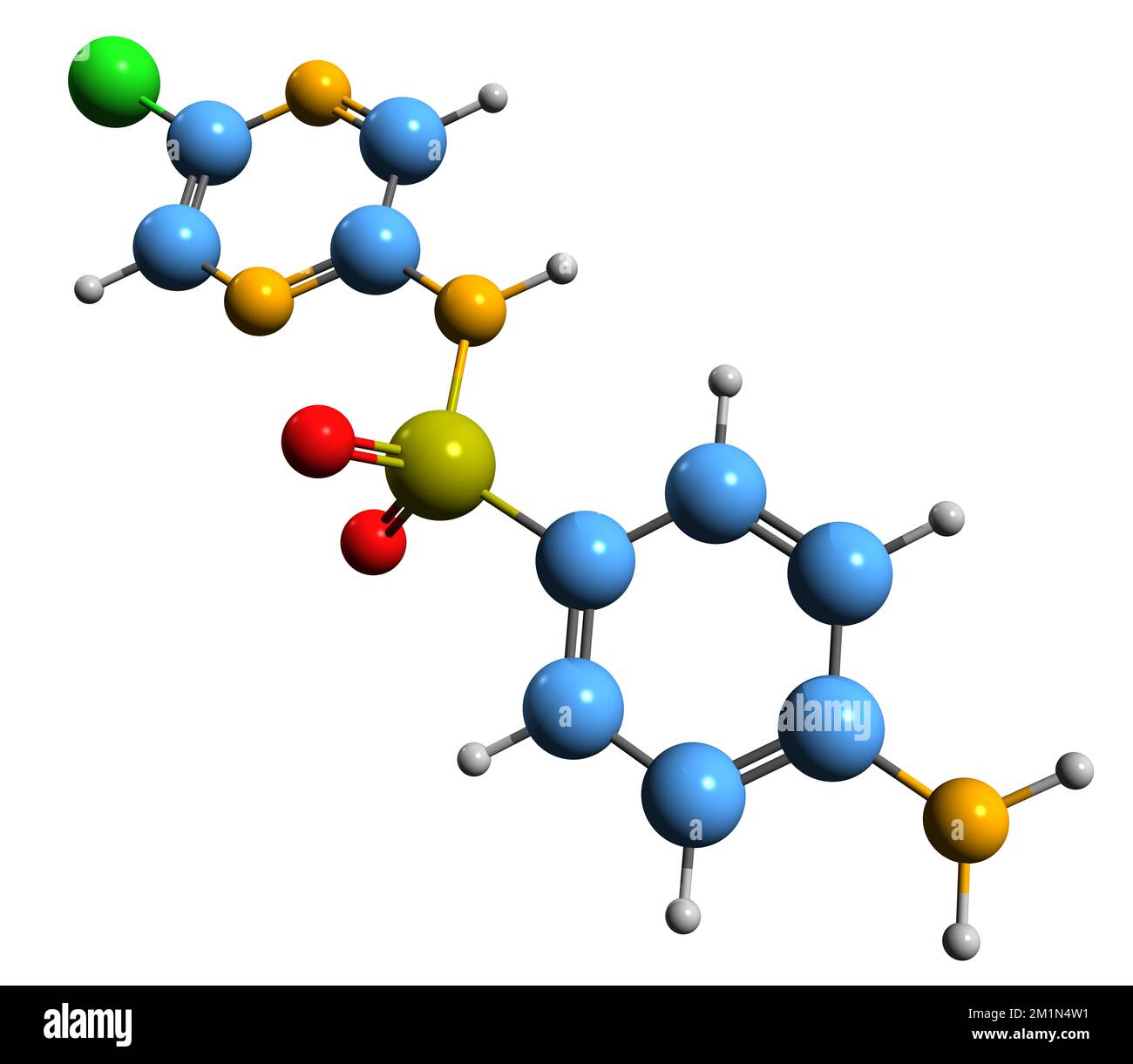 3D-Bild einer Sulfachlorpyrazin-Skelettformel - molekularchemische Struktur des auf weißem Hintergrund isolierten Sulfonamids Stockfoto