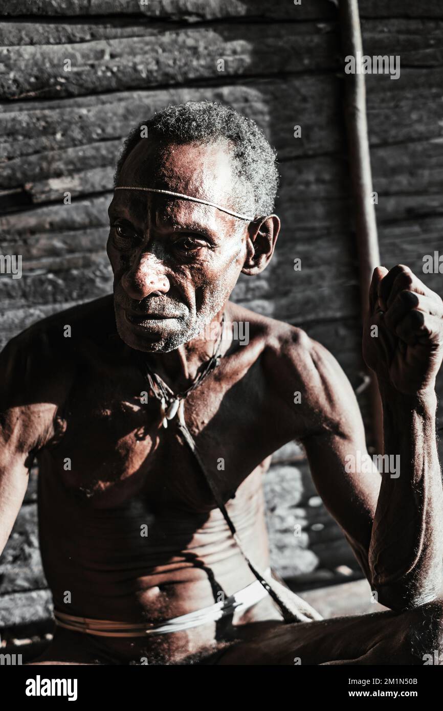 Der Korowai-Stamm, der oft als Baum-Asmat-Stamm bezeichnet wird, weil er in hohen Bäumen lebt. Eingenommen @Gauli Village, Korowai District, Papua, Indonesi Stockfoto