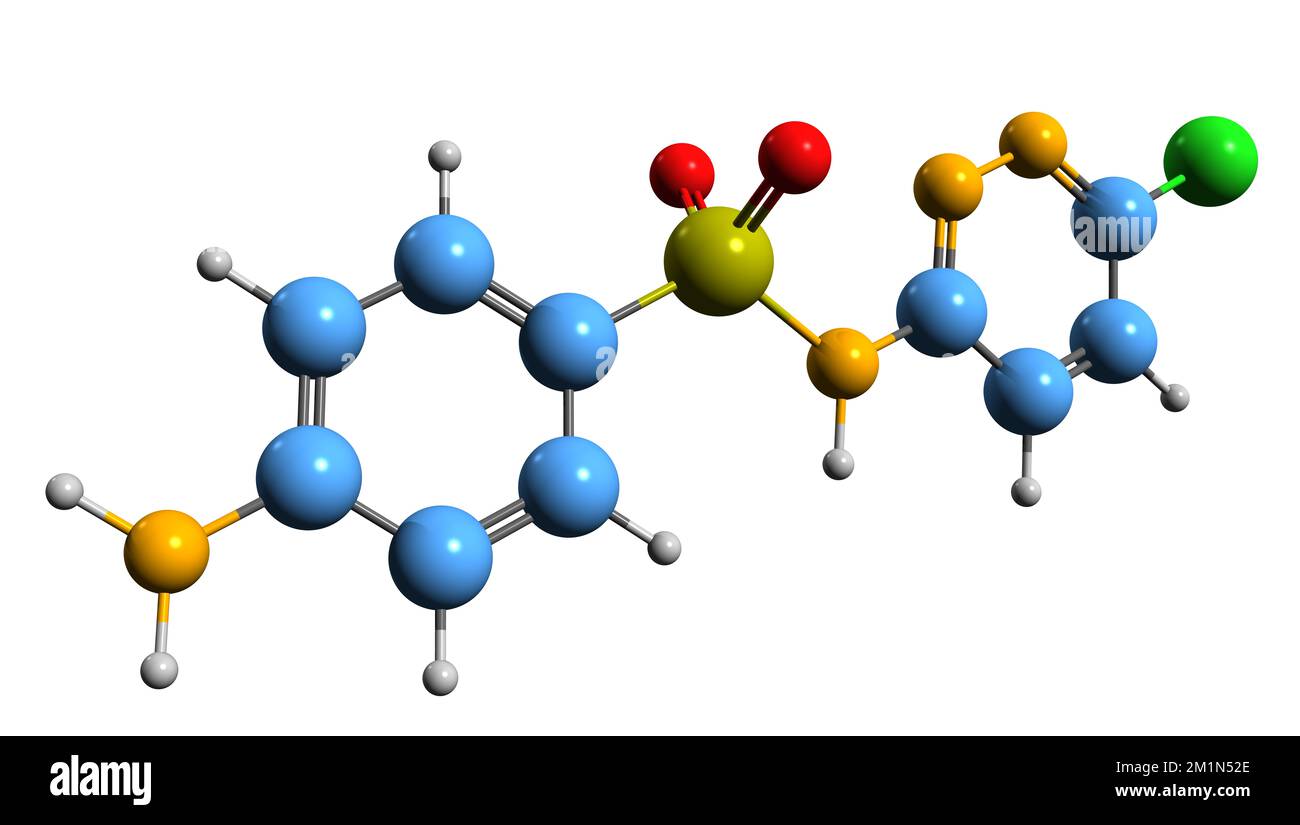 3D-Bild einer Sulfachlorpyridazin-Skelettformel - molekularchemische Struktur des auf weißem Hintergrund isolierten Sulfonamids Stockfoto