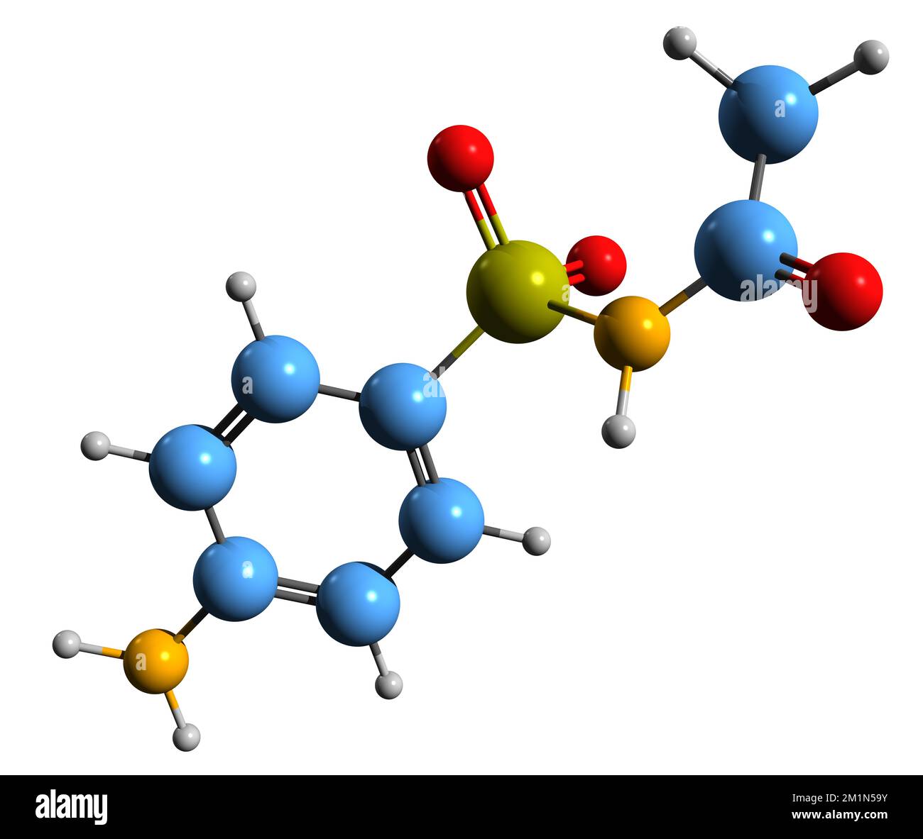 3D-Bild der Sulfacetamid-Skelettformel - molekularchemische Struktur des auf weißem Hintergrund isolierten Sulfonamids Stockfoto