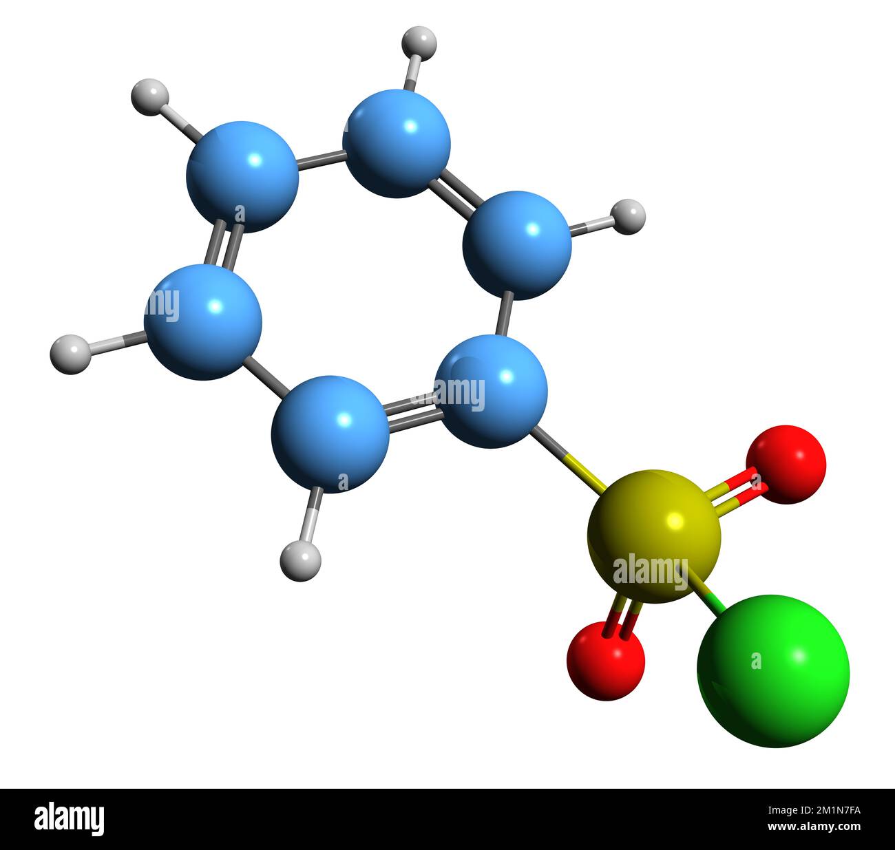 3D-Bild einer Chlorbenzolsulfonsäure-Skelettformel - molekularchemische Struktur einer organischen Verbindung, isoliert auf weißem Hintergrund Stockfoto