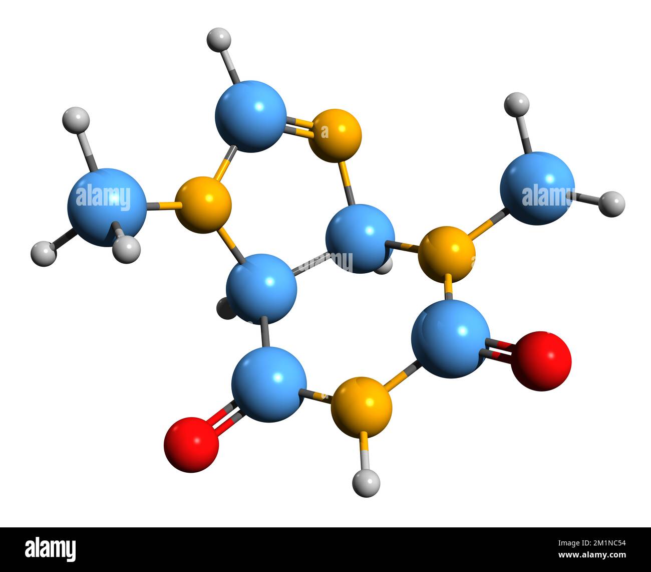 3D-Bild einer Theobromin-Skelettformel - molekularchemische Struktur von Diurobromin isoliert auf weißem Hintergrund Stockfoto