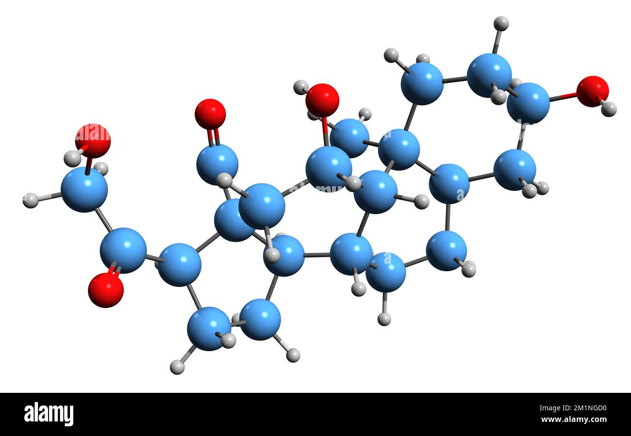 3D-Bild der Tetrahydroaldosteron-Skelettformel - molekularchemische Struktur des auf weißem Hintergrund isolierten Steroid-Lactons Stockfoto