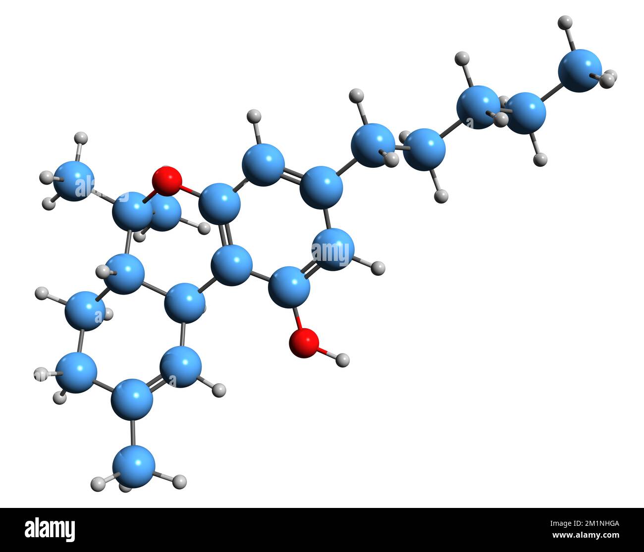 3D-Bild der Tetrahydrocannabinol-Skelettformel - molekularchemische Struktur von Cannabinoiden isoliert auf weißem Hintergrund Stockfoto