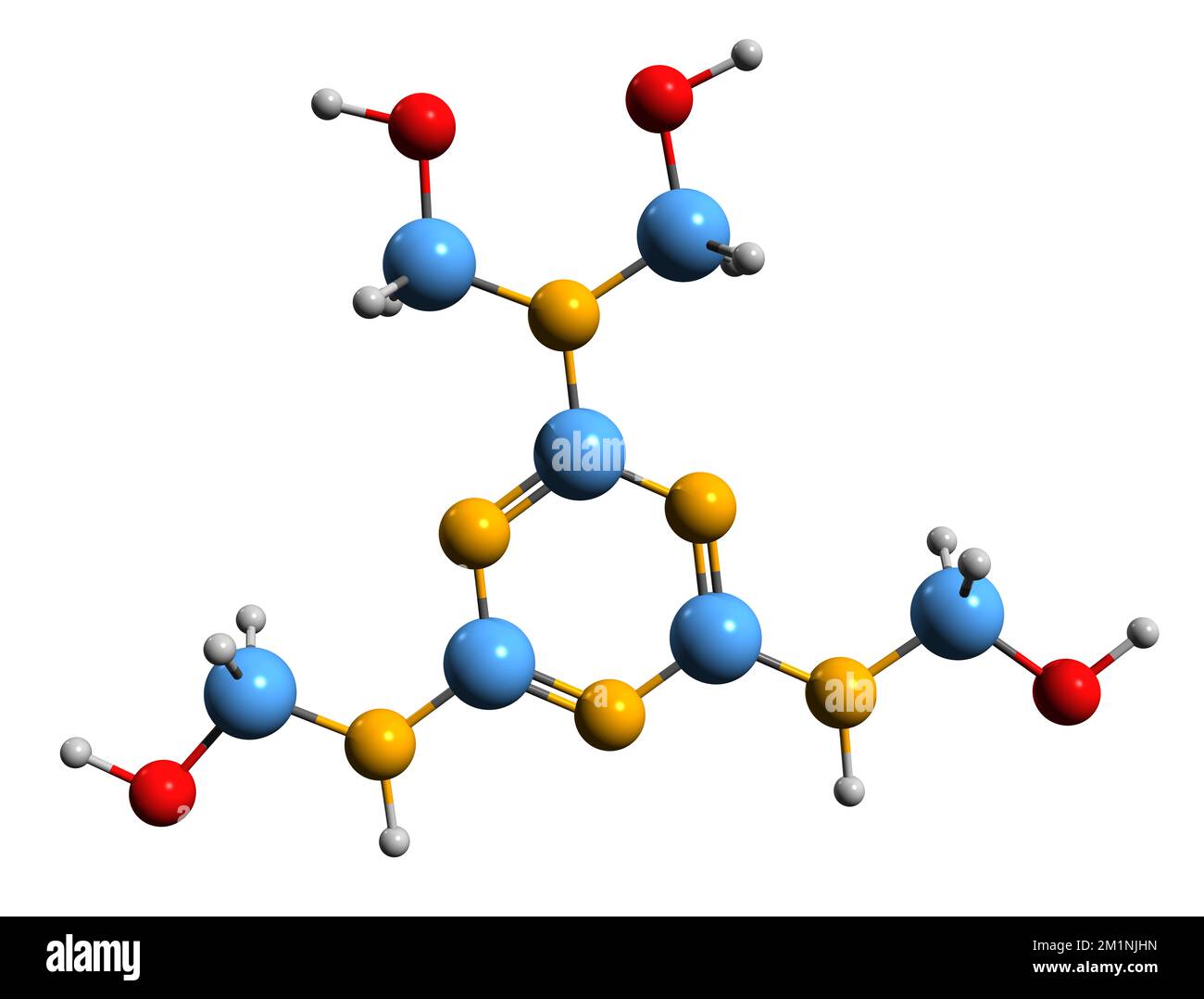 3D-Bild einer Tetrahydroxymethylmelamin-Skelettformel - molekularchemische Struktur einer organischen Substanz, isoliert auf weißem Hintergrund Stockfoto