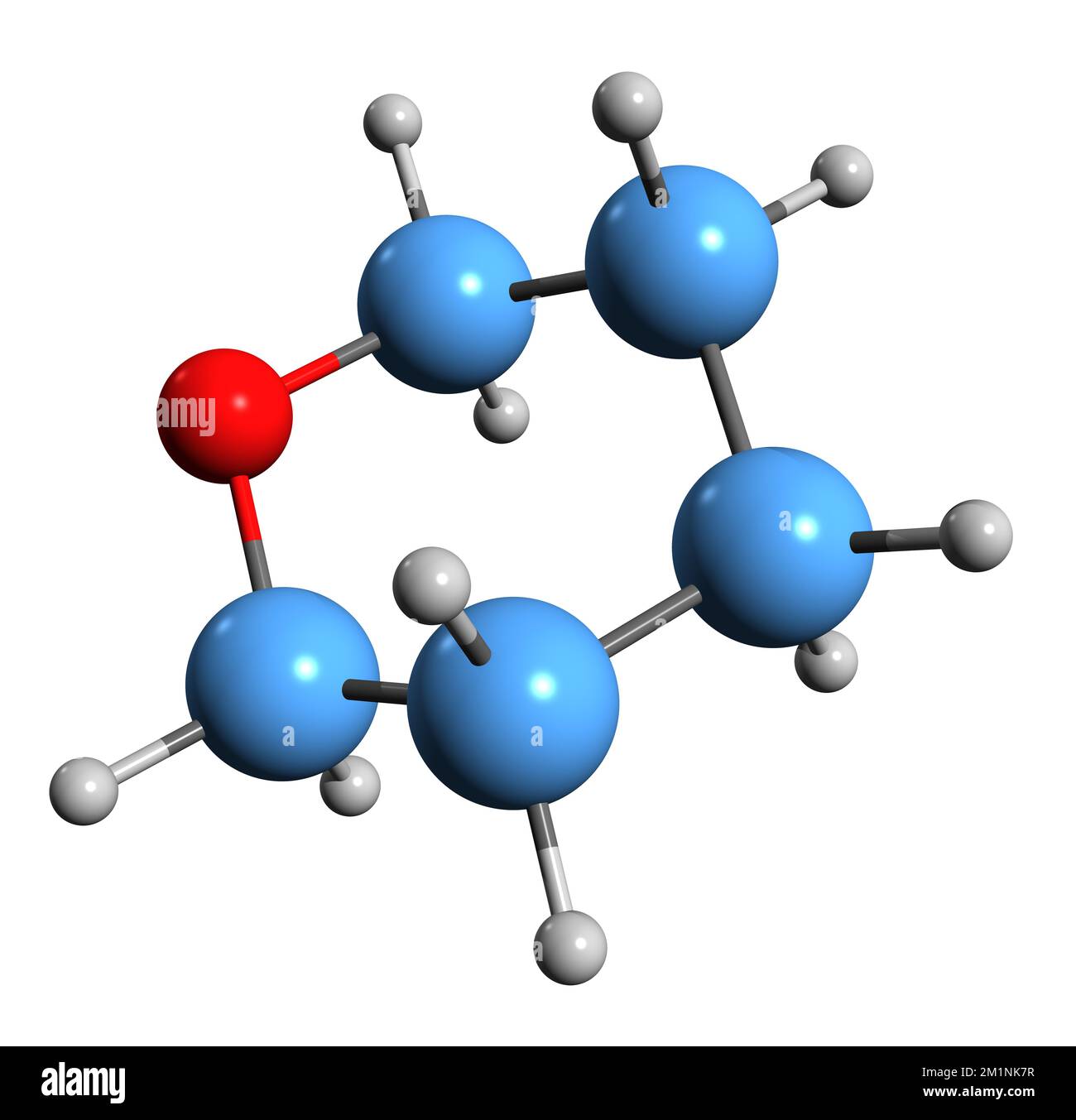 3D-Bild der Tetrahydropyran-Skelettformel - molekularchemische Struktur von Oxan isoliert auf weißem Hintergrund Stockfoto