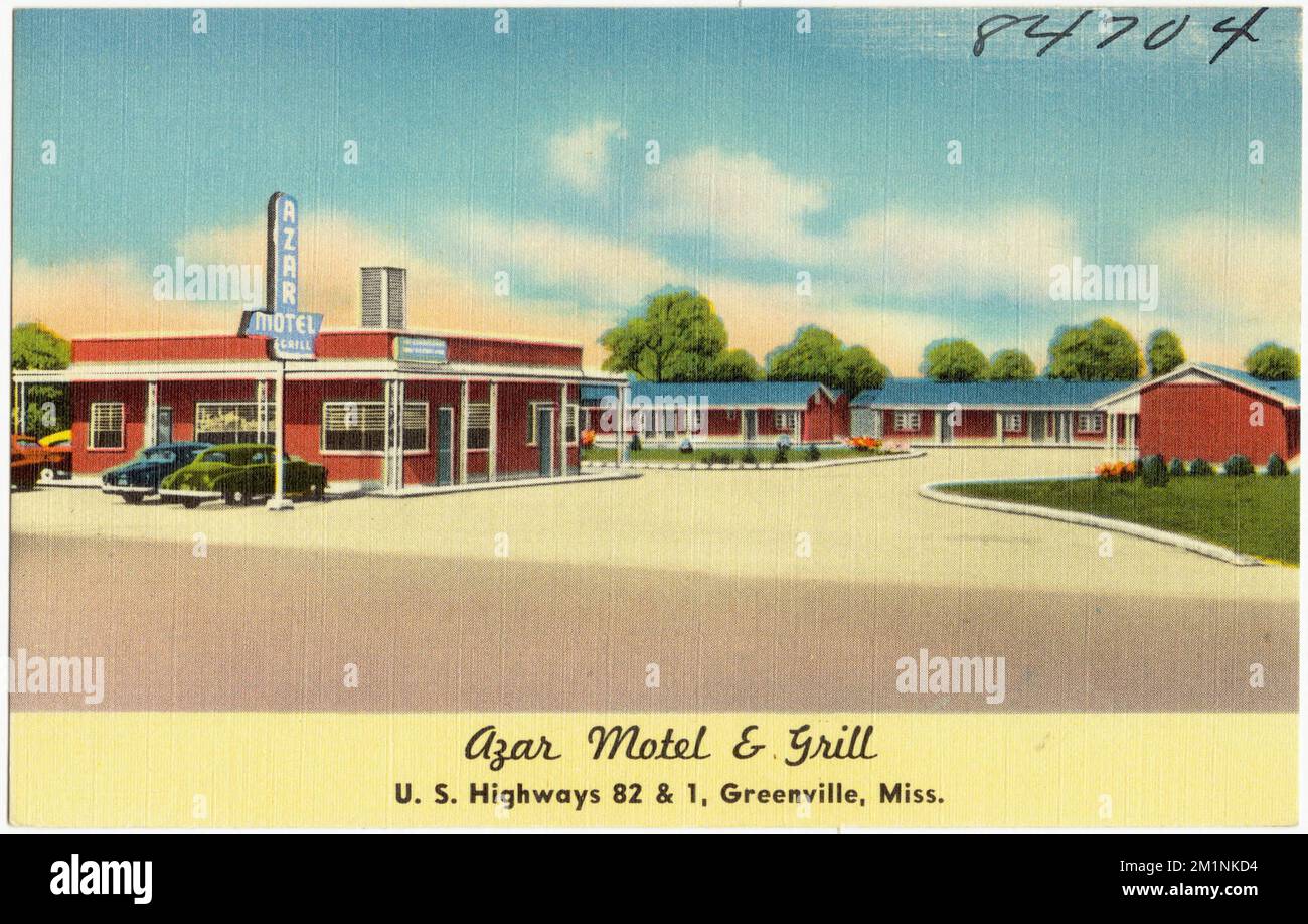Azar Motel & Grill, U. S. Highway 82 & 1, Greenville, Mississippi , Motels, Tichnor Brothers Collection, Postkarten der Vereinigten Staaten Stockfoto