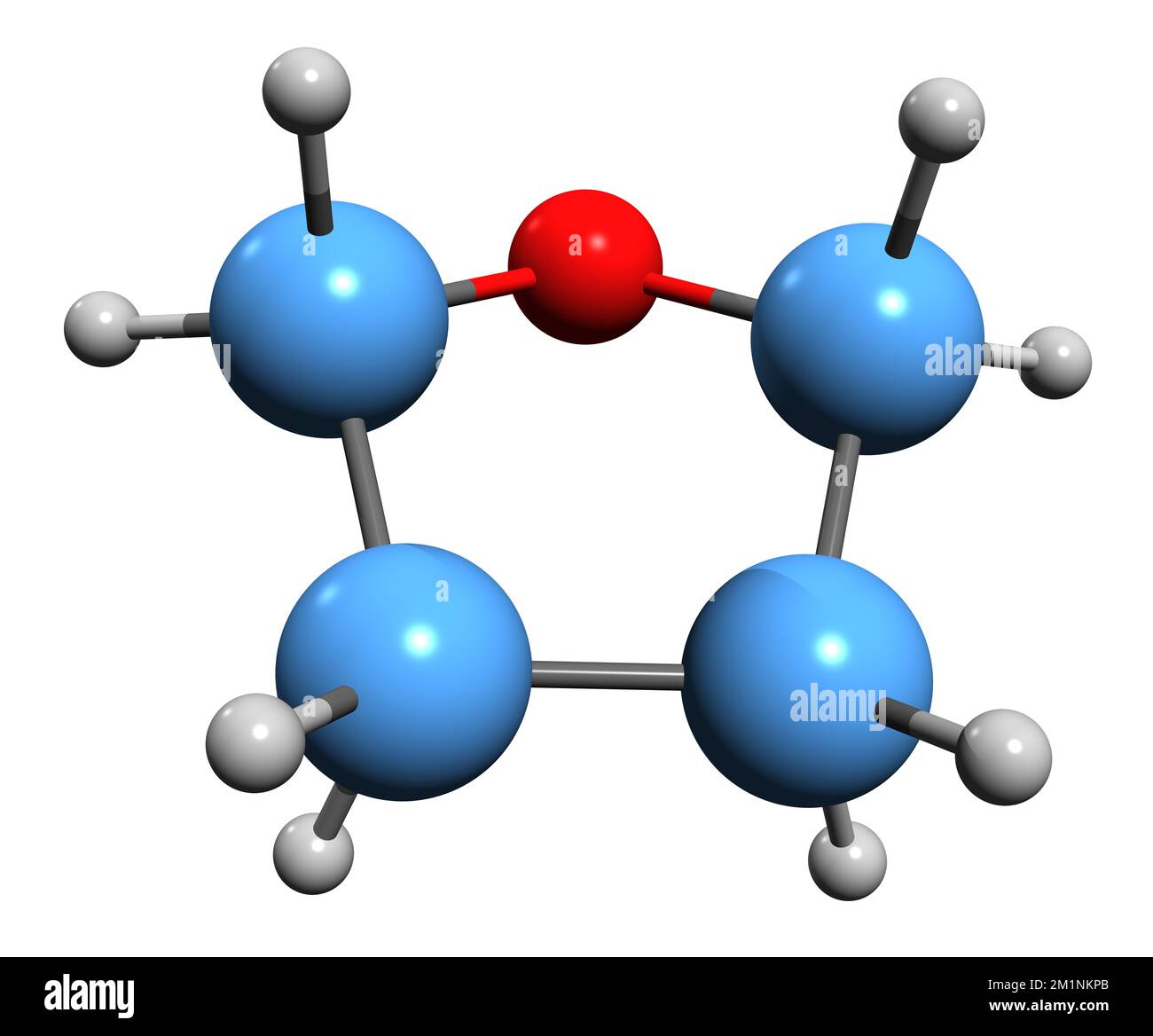 3D-Bild der Tetrahydrofuran-Skelettformel - molekularchemische Struktur von Epoxybutan isoliert auf weißem Hintergrund Stockfoto