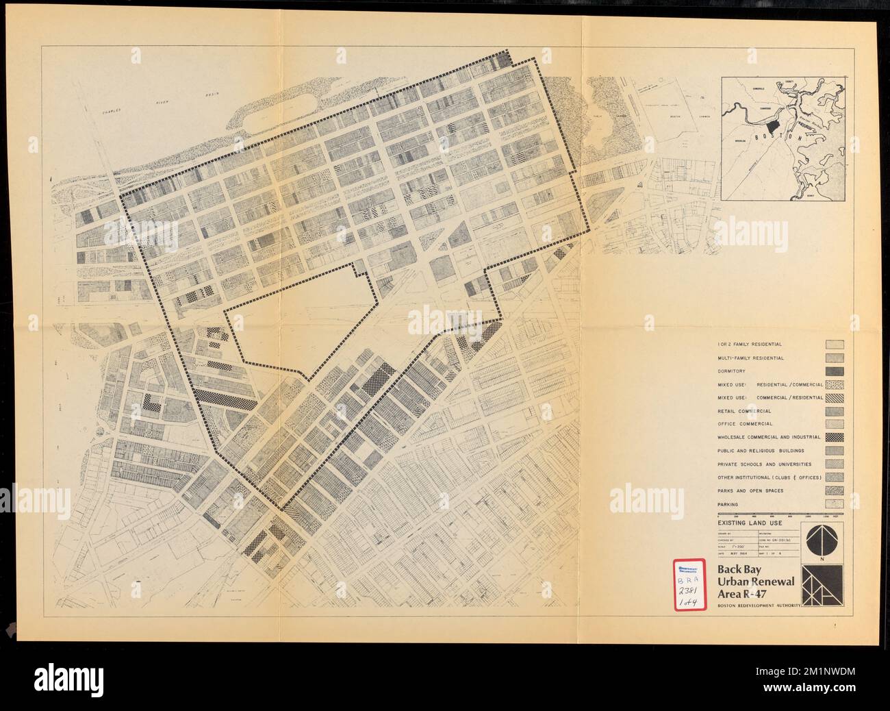 Back Bay Stadterneuerungsgebiet r-47 : bestehende Flächennutzung , Back Bay Boston, Mass., Karten, Stadtplanung, Massachusetts, Boston, Landkarten, Landnutzung, Massachusetts, Boston, Landkarten, Stadterneuerung, Massachusetts, Boston, Karten Stockfoto