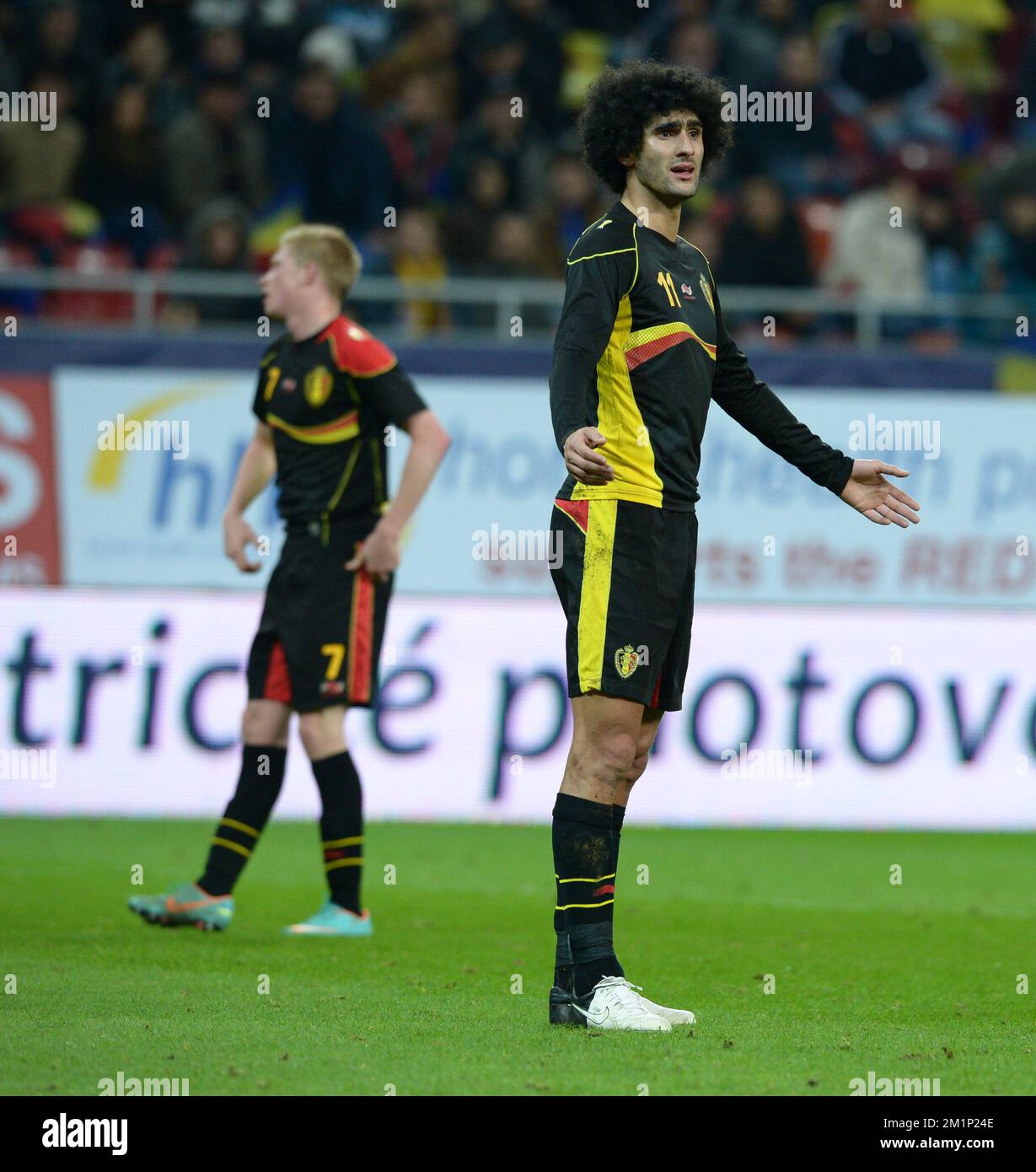 20121114 – BUCAREST, RUMÄNIEN: Marouane Fellaini aus Belgien reagiert auf ein Freundschaftsspiel zwischen Rumänien und der belgischen Nationalmannschaft „The Red Devils“ in Bukarest, Rumänien, Mittwoch, den 14. November 2012. BELGA FOTO YORICK JANSENS Stockfoto