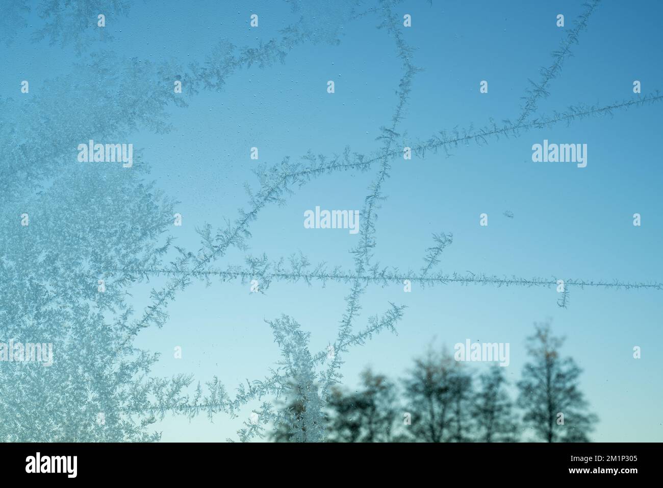 Frostmuster auf der Glasscheibe. Milchglas mit blauem Himmel dahinter. Empfindliche Kristalle, die sich bei kaltem Wetter bilden. Stockfoto