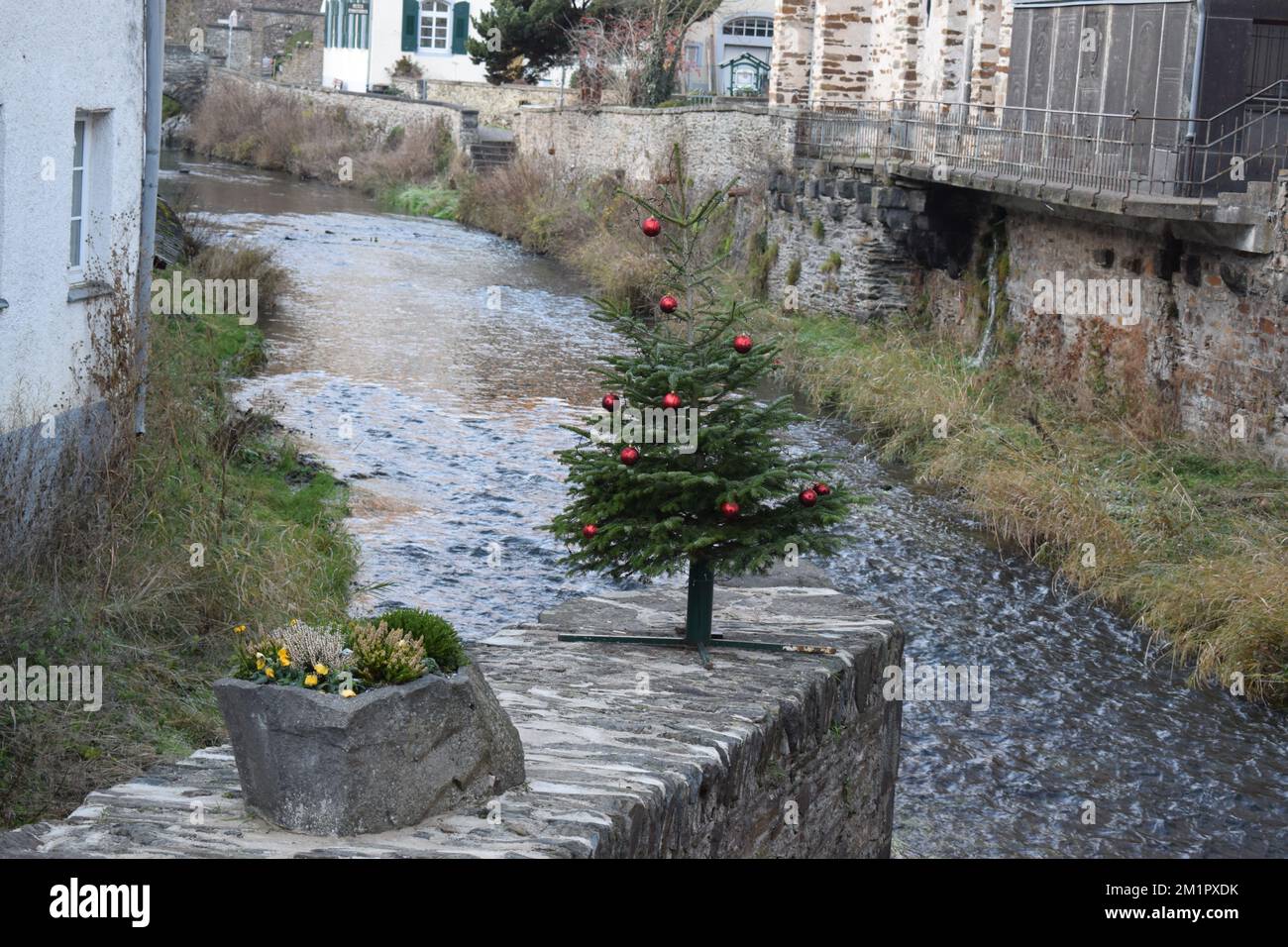 Weihnachtsbäume in Monreal, auf der Brücke Stockfoto