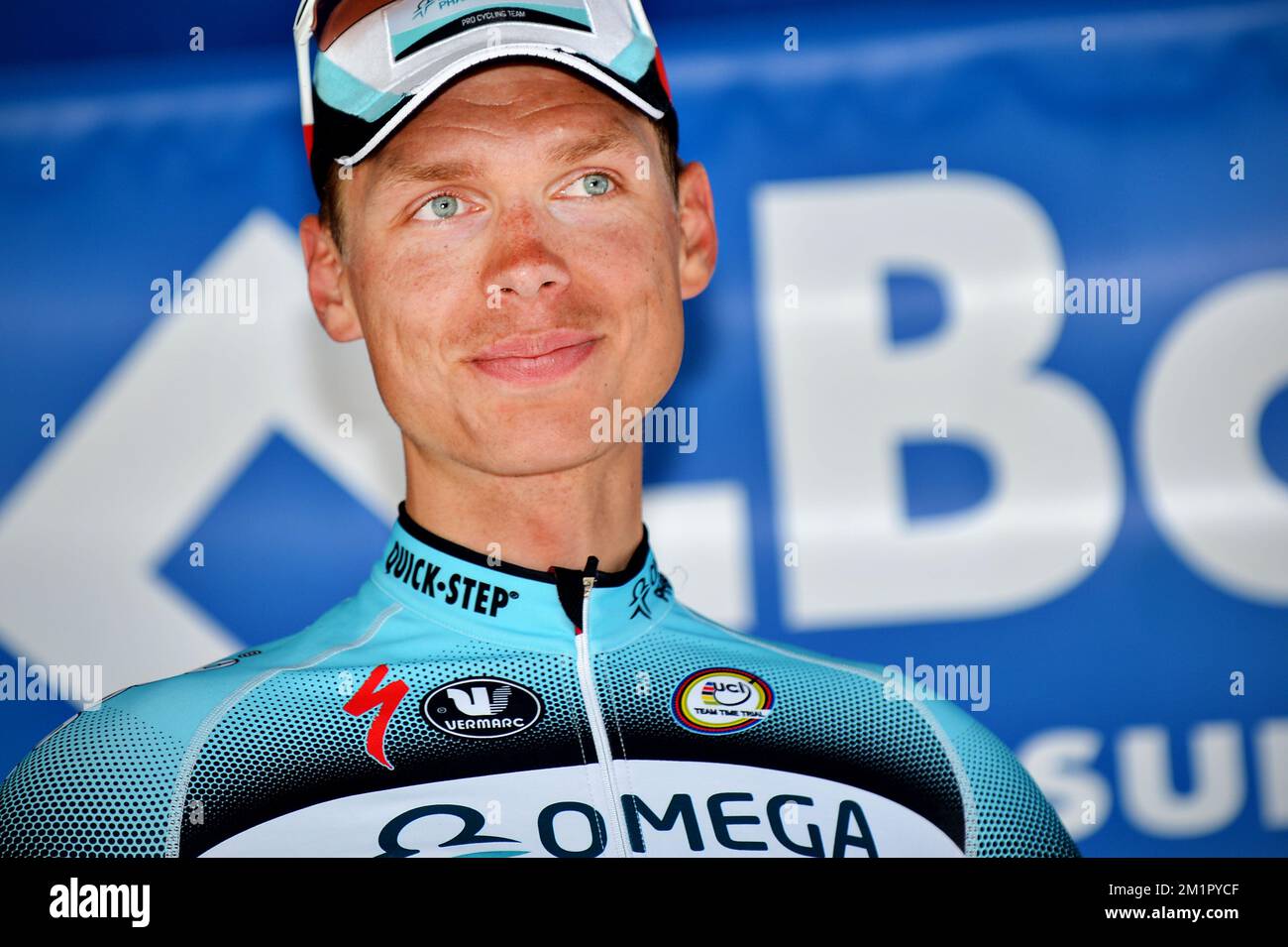 20130525 – LACS DE L'EAU D'HEURE, BELGIEN: Führend im allgemeinen Rang, deutscher Tony Martin vom Team Omega Pharma – Quick Step feiert nach der vierten Etappe des Radrennen der Belgium Tour, 164,3km km von und nach Lacs de l'Eau d'Heure, Samstag, 25. Mai 2013. BELGA FOTO DAVID STOCKMAN Stockfoto